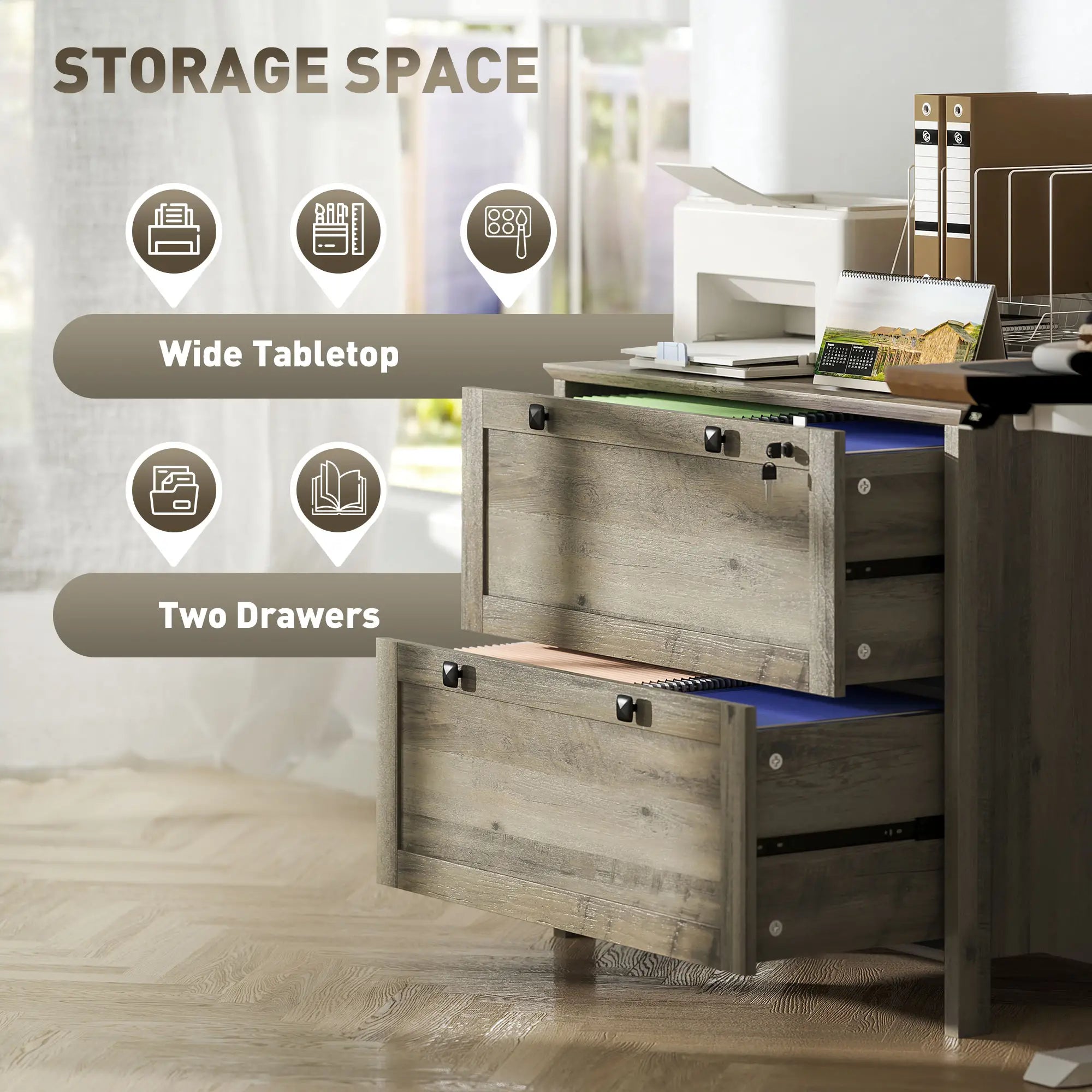 2 Drawer File Cabinet, Lockable, Adjustable Hanging Bar, Letter, A4 Size, Weathered Grey Oak Office Cabinets & Cupboards at Gallery Canada