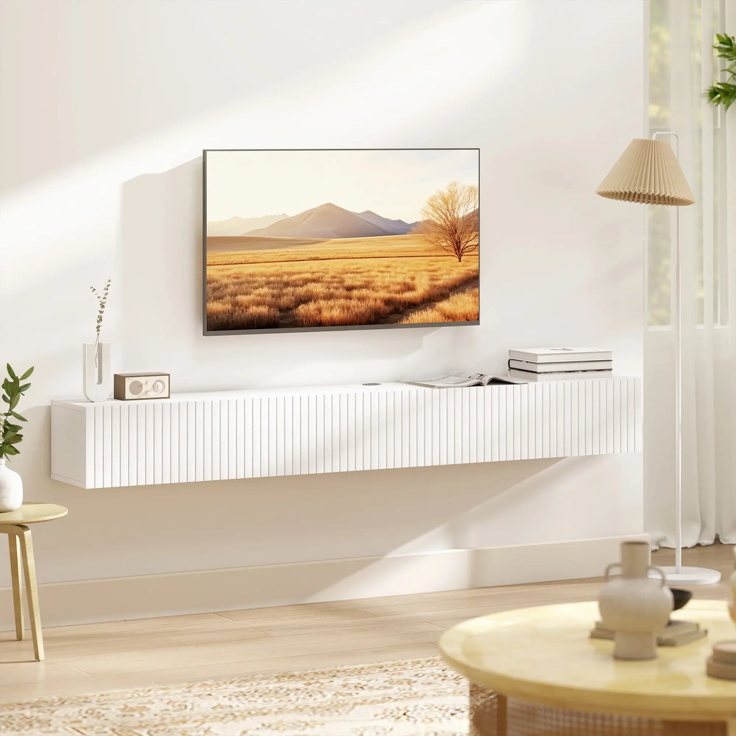 71 Inch Floating TV Stand, Wall Mount Media Console, 2 Fluted Doors, White TV Stands at Gallery Canada