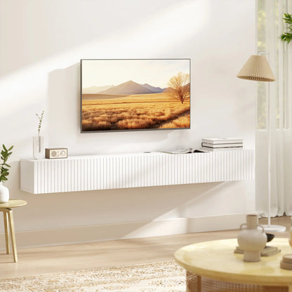 71 Inch Floating TV Stand, Wall Mount Media Console, 2 Fluted Doors, White TV Stands at Gallery Canada