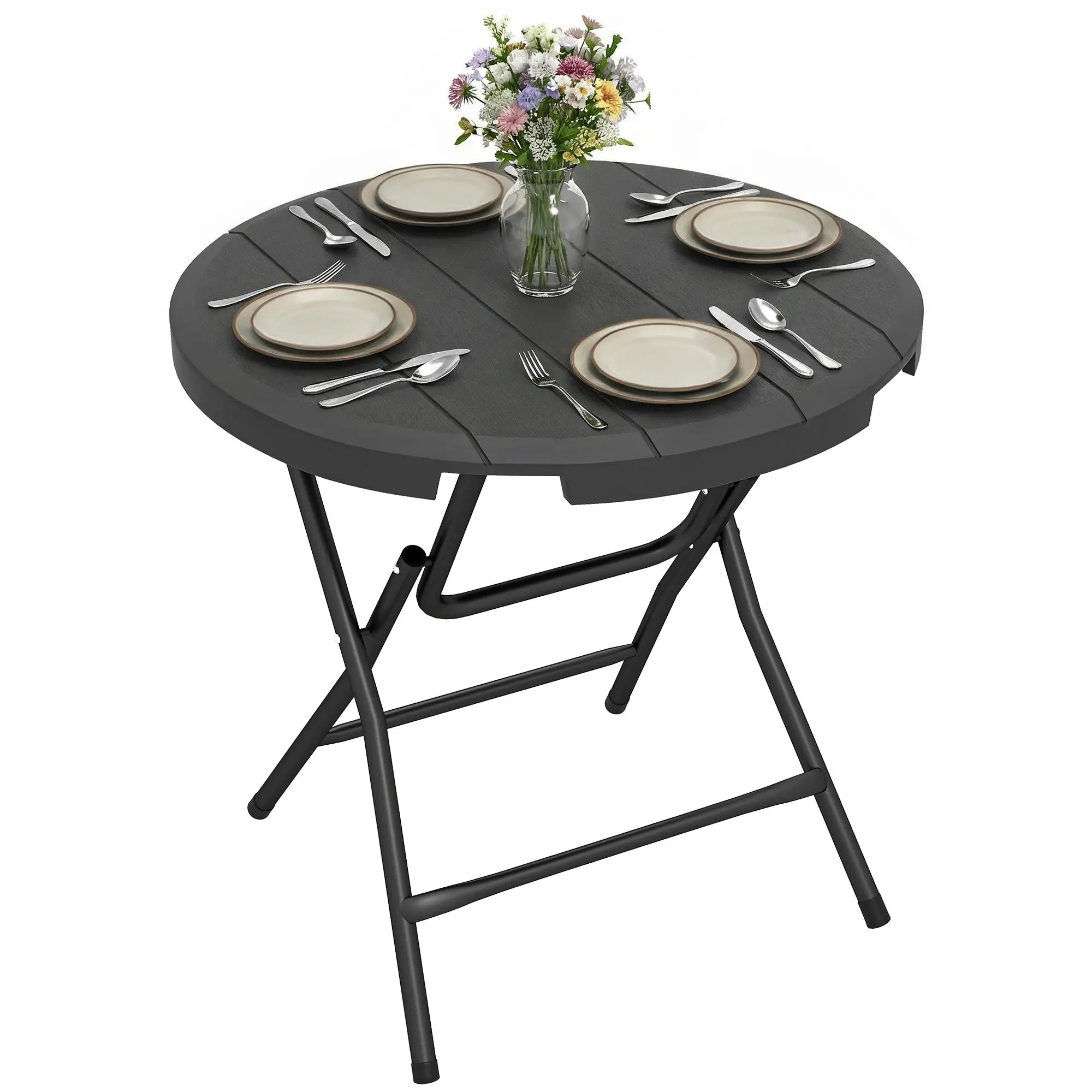 Foldable Round Outdoor Dining Table for 4, HDPE Tabletop, Steel Frame, Dark Grey Patio Dinning Tables at Gallery Canada
