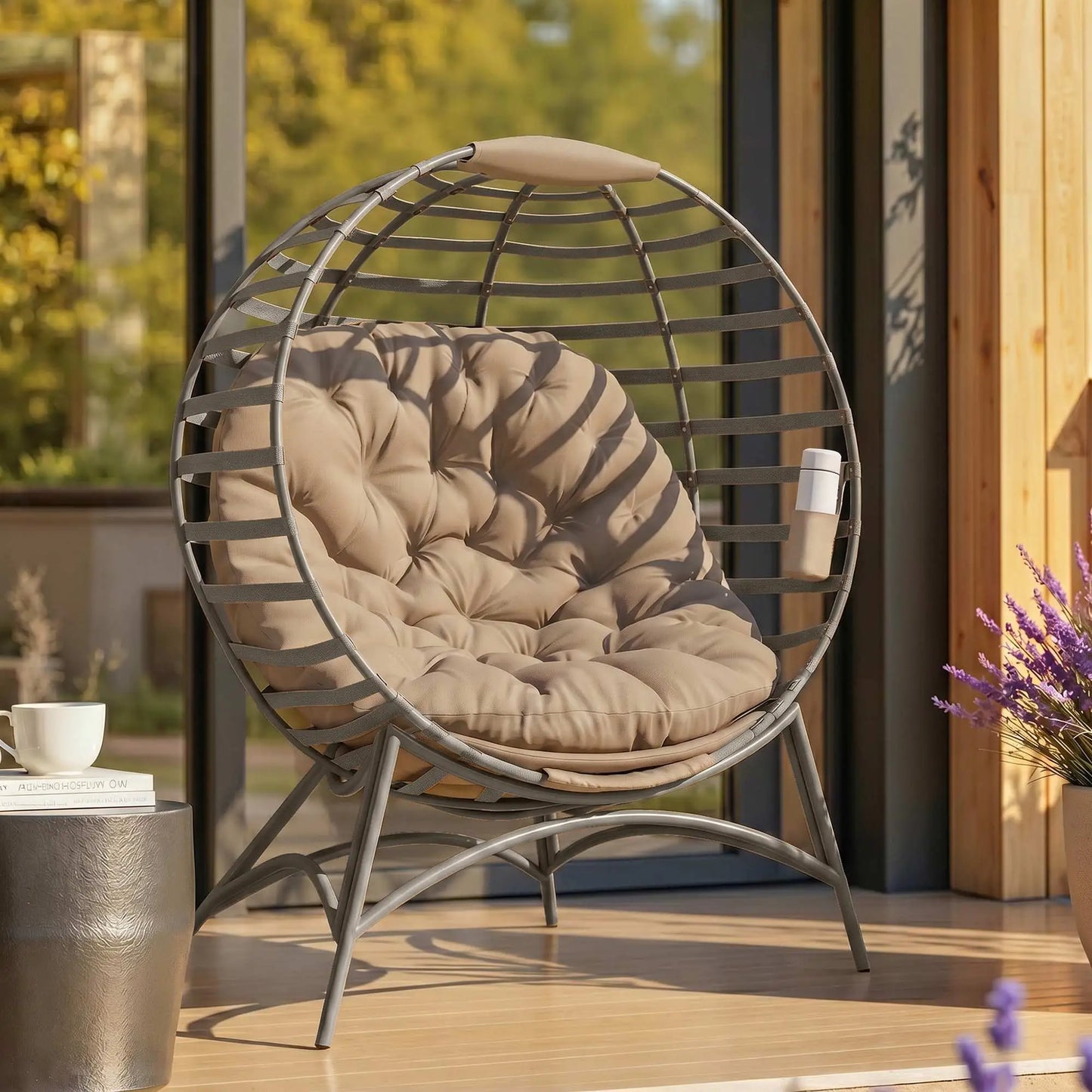 Egg Chair, Patio Lounge Chair, Foldable Basket Chair with Large Seat Cushion, Side Pocket, Sand Patio Chairs at Gallery Canada