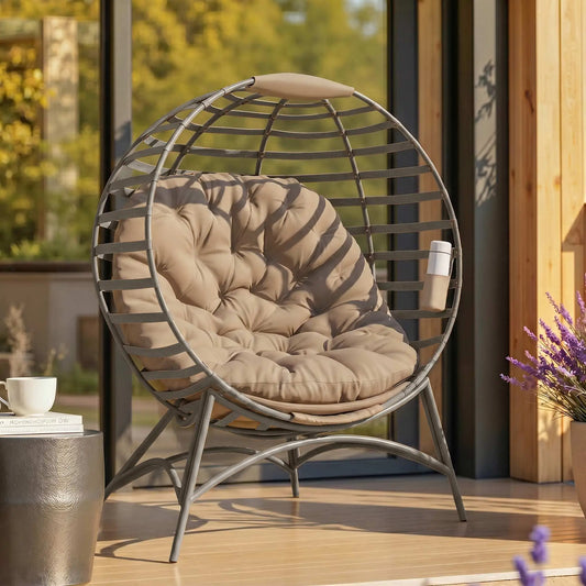 Egg Chair, Patio Lounge Chair, Foldable Basket Chair with Large Seat Cushion, Side Pocket, Sand