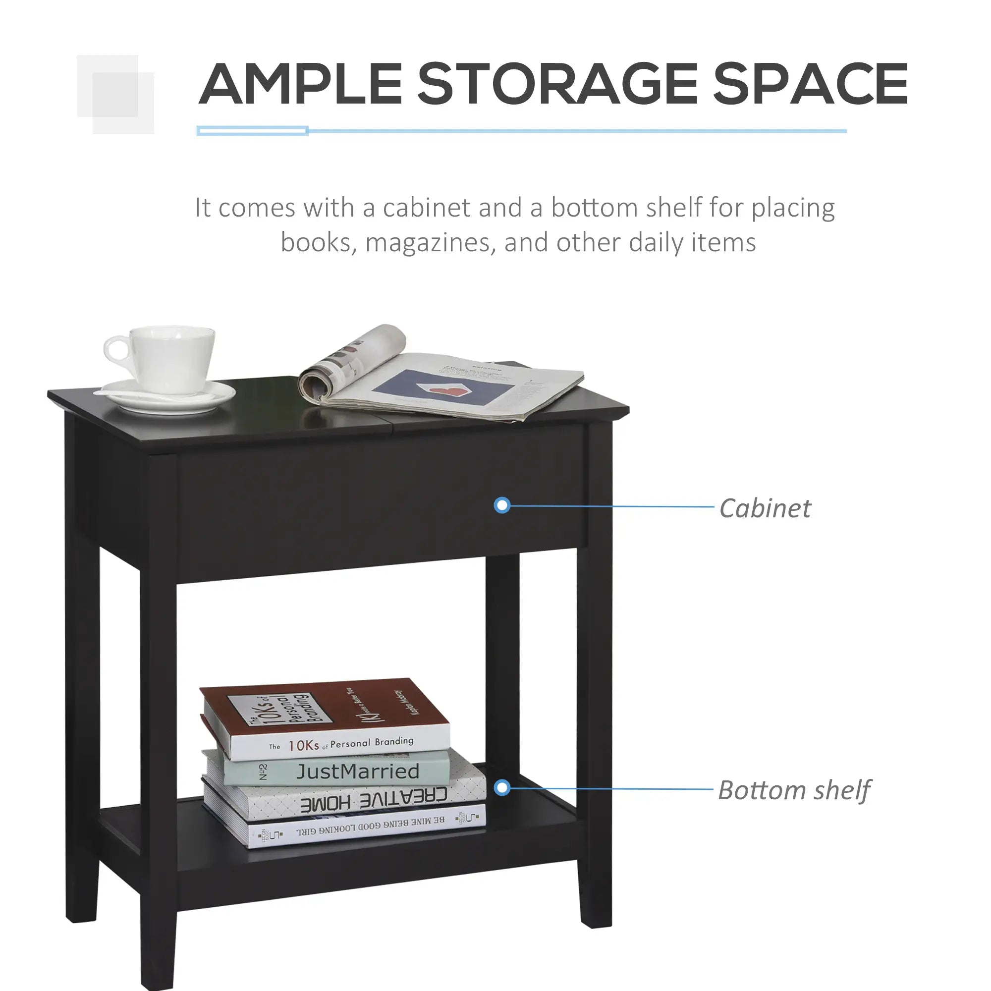 Flip Top End Side Table with Cabinet, Bottom Shelf, Dark Coffee Side Tables at Gallery Canada