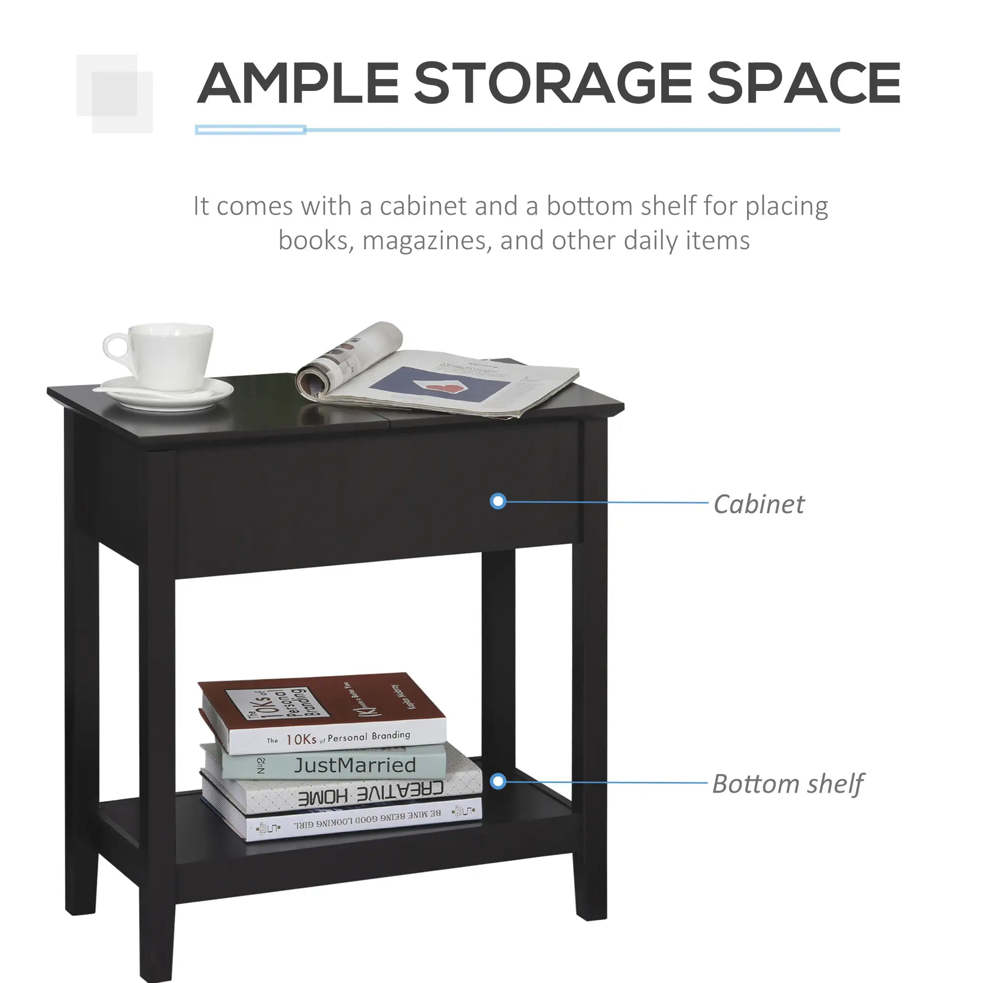Flip Top End Side Table with Cabinet, Bottom Shelf, Dark Coffee Side Tables at Gallery Canada
