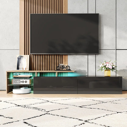 TV Cabinet With Glass Shelves, LED Lighting, 67" L x 13" W x 13" H, Natural, Black TV Stands at Gallery Canada