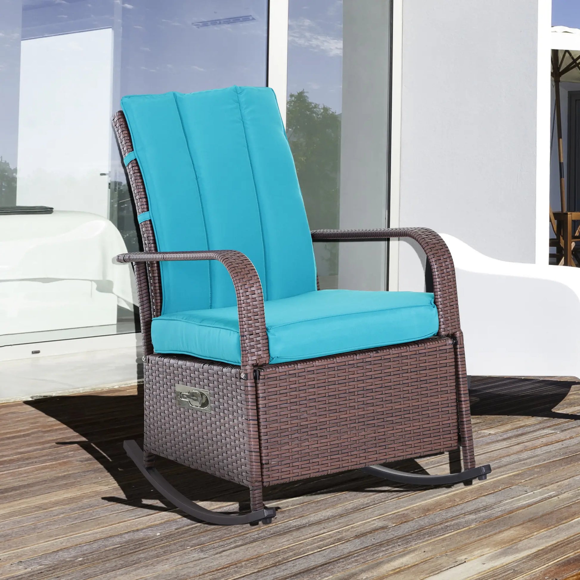 Outdoor Wicker Rocking Chair, PE Rattan Recliner with Cushion, Adjustable Footrest, Turquoise Outdoor Rocking Chairs at Gallery Canada