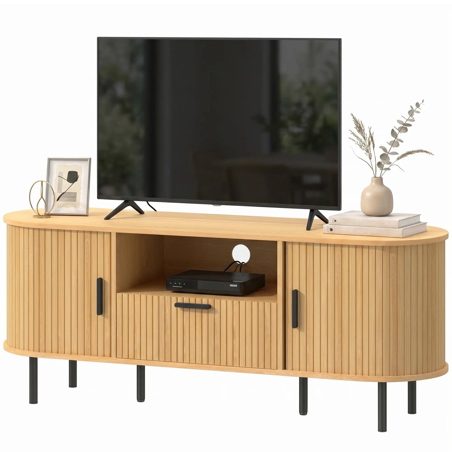 TV Stand for TVs up to 60", Modern Entertainment Center with Curved Sliding Doors and Storage, Natural Wood