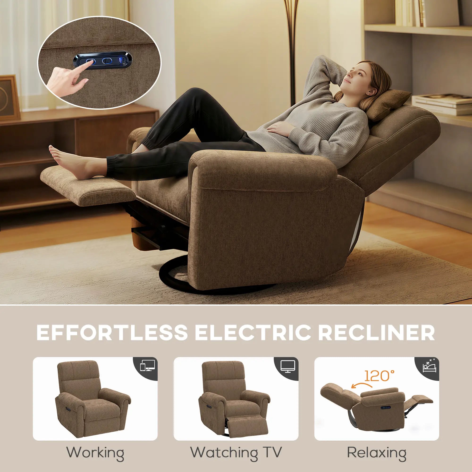Power Recliner Chair, Fabric Upholstered, USB Ports, Swivel Rocking, Footrest Sofas & Reclining Chairs at Gallery Canada