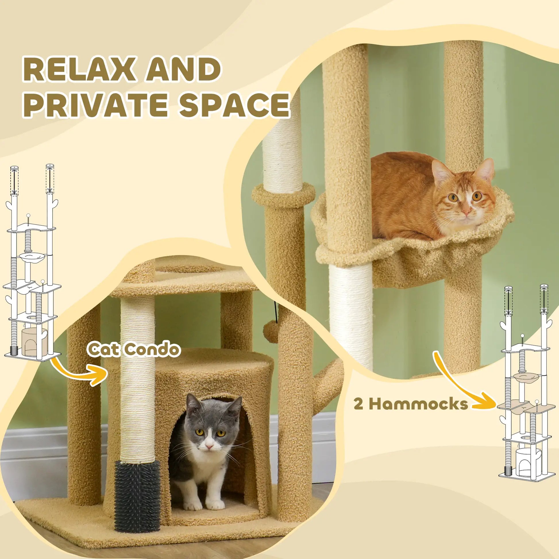 89"-100" Cat Tree Tower for Large Cats, Scratching Posts, Grooming Brush, Brown Floor to Ceiling Cat Trees at Gallery Canada