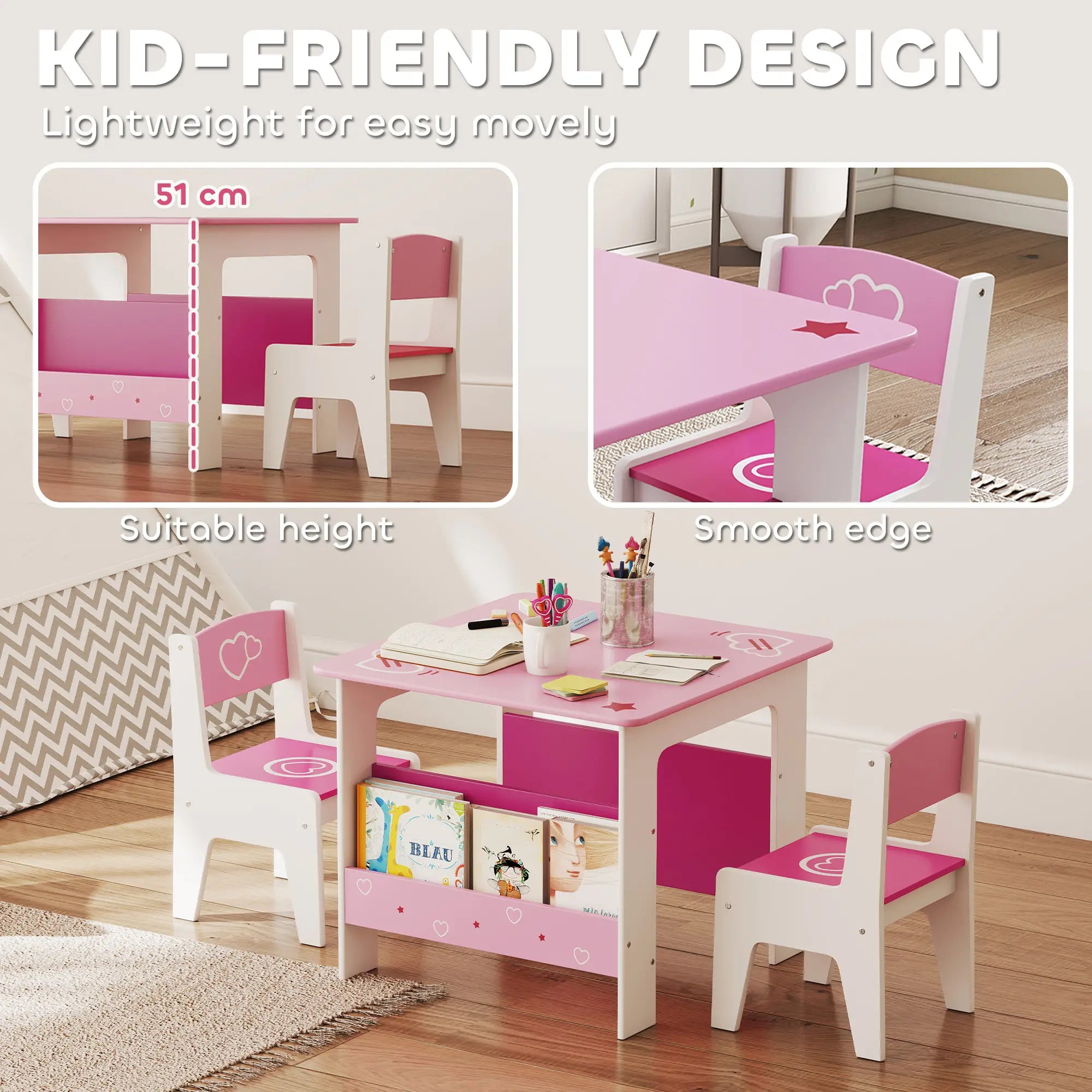 Kids Table Chair Set with Bookshelves, 3 Pieces, Pink Kids Table Sets at Gallery Canada