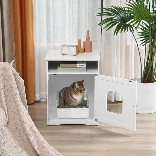 Cat Litter Box Enclosure Hidden Cabinet Cat Furniture Indoor Cat Washroom Nightstand End Table with Cat-sized Hole Wide Tabletop Storage Shelf White - Gallery Canada