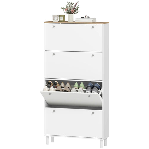 Narrow Shoe Cabinet, 4 Flip Drawers, Adjustable Shelves, Holds 24-32 Pairs, White