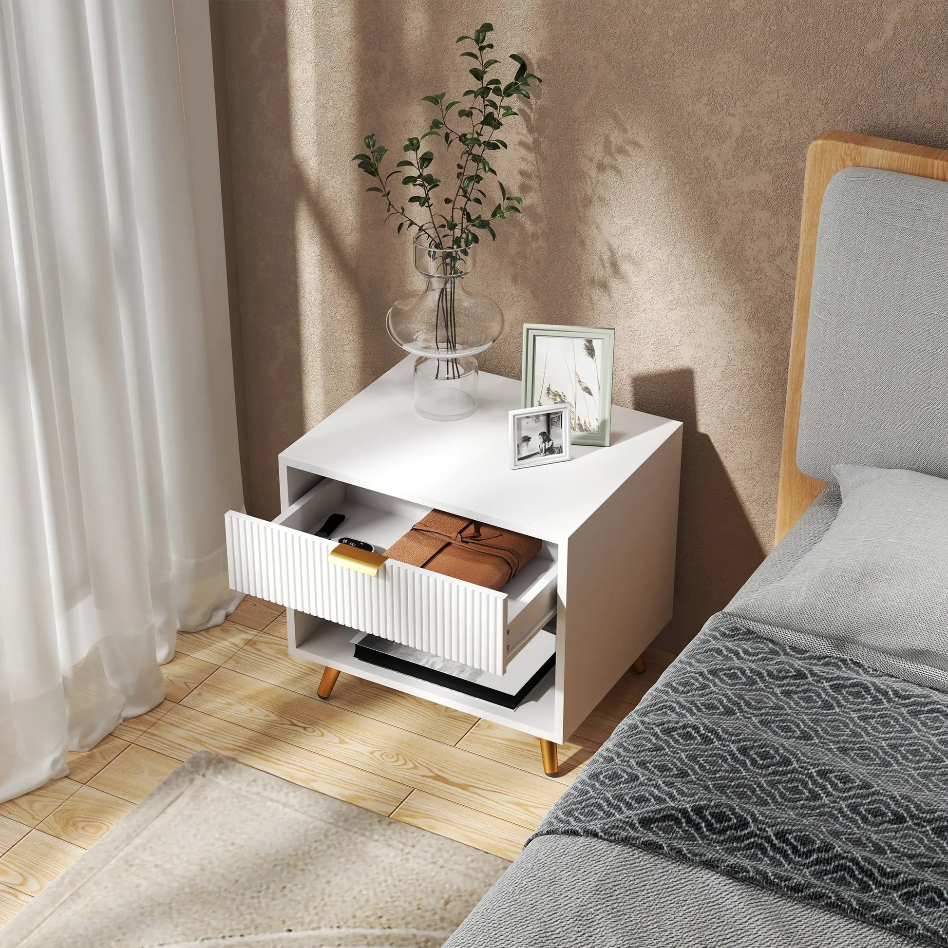 Modern Nightstand with Drawer, Open Compartment, White Bedside Tables at Gallery Canada