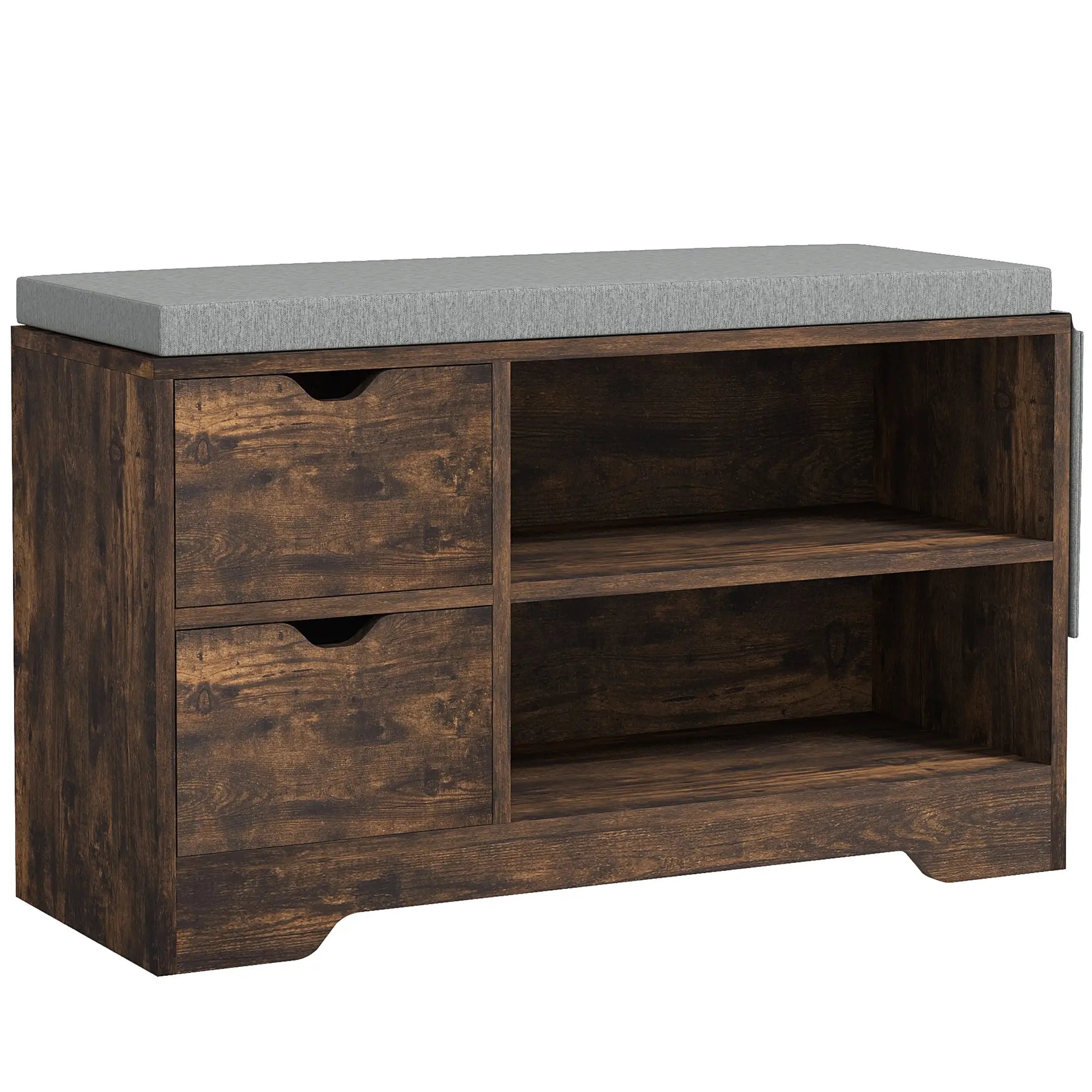 Upholstered Shoe Storage Bench, Seat w/ Drawer, Rustic Brown Shoe Storage Cabinets & Racks Rustic Brown Panel, Grey Cushion at Gallery Canada