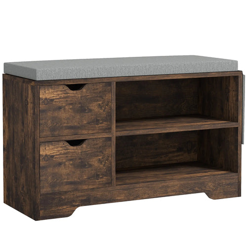 Upholstered Shoe Storage Bench, Seat w/ Drawer, Rustic Brown