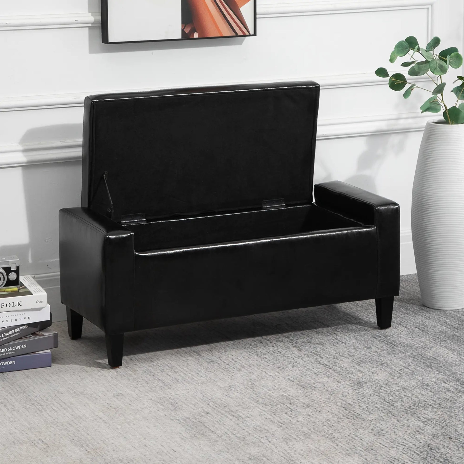 Storage Ottoman Bench, PU Leather Upholstered, Tufted Design, Black Storage Ottomans & Benches at Gallery Canada