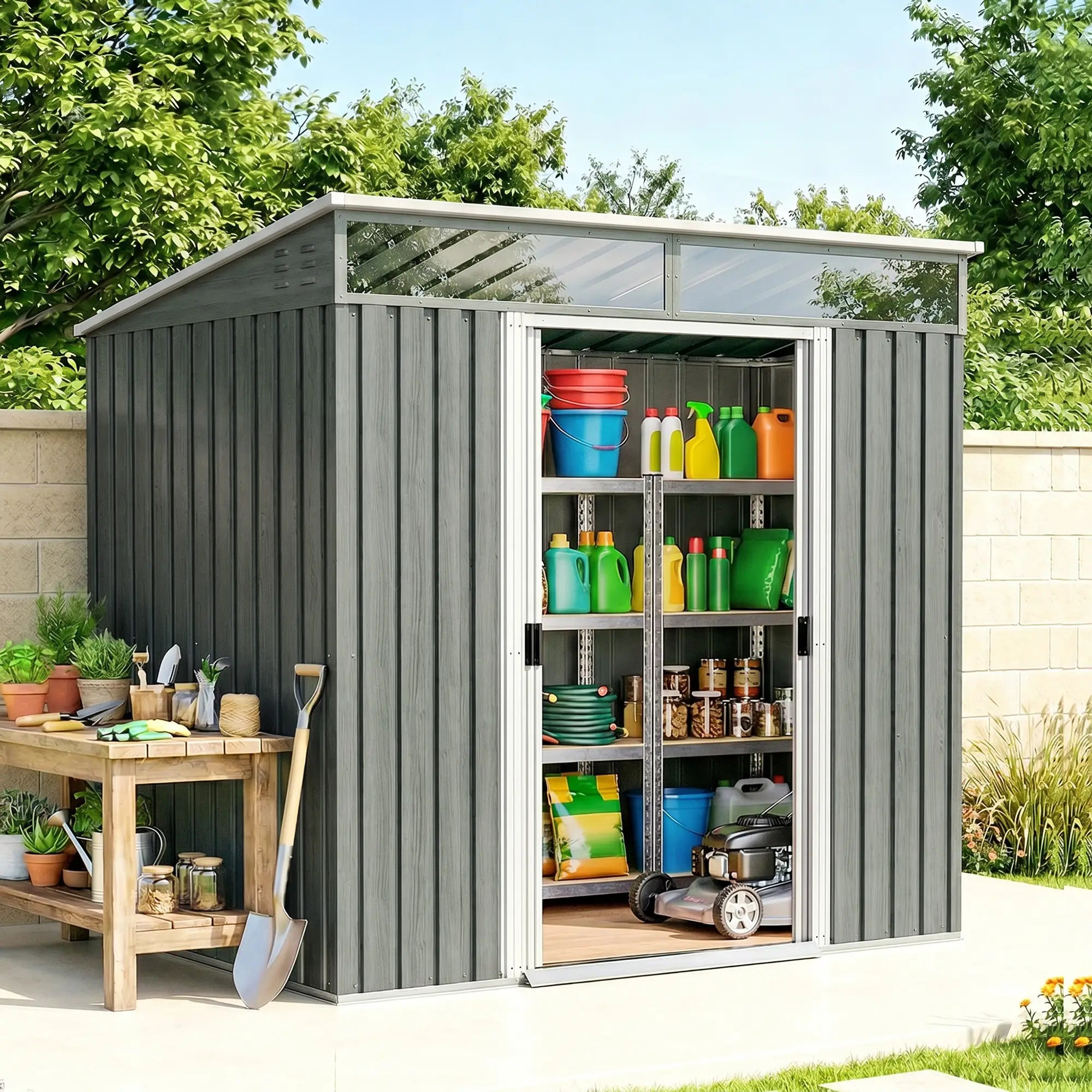 6.5x4FT Galvanised Metal Shed, Lockable Garden Storage with Sliding Doors, Grey Sheds at Gallery Canada