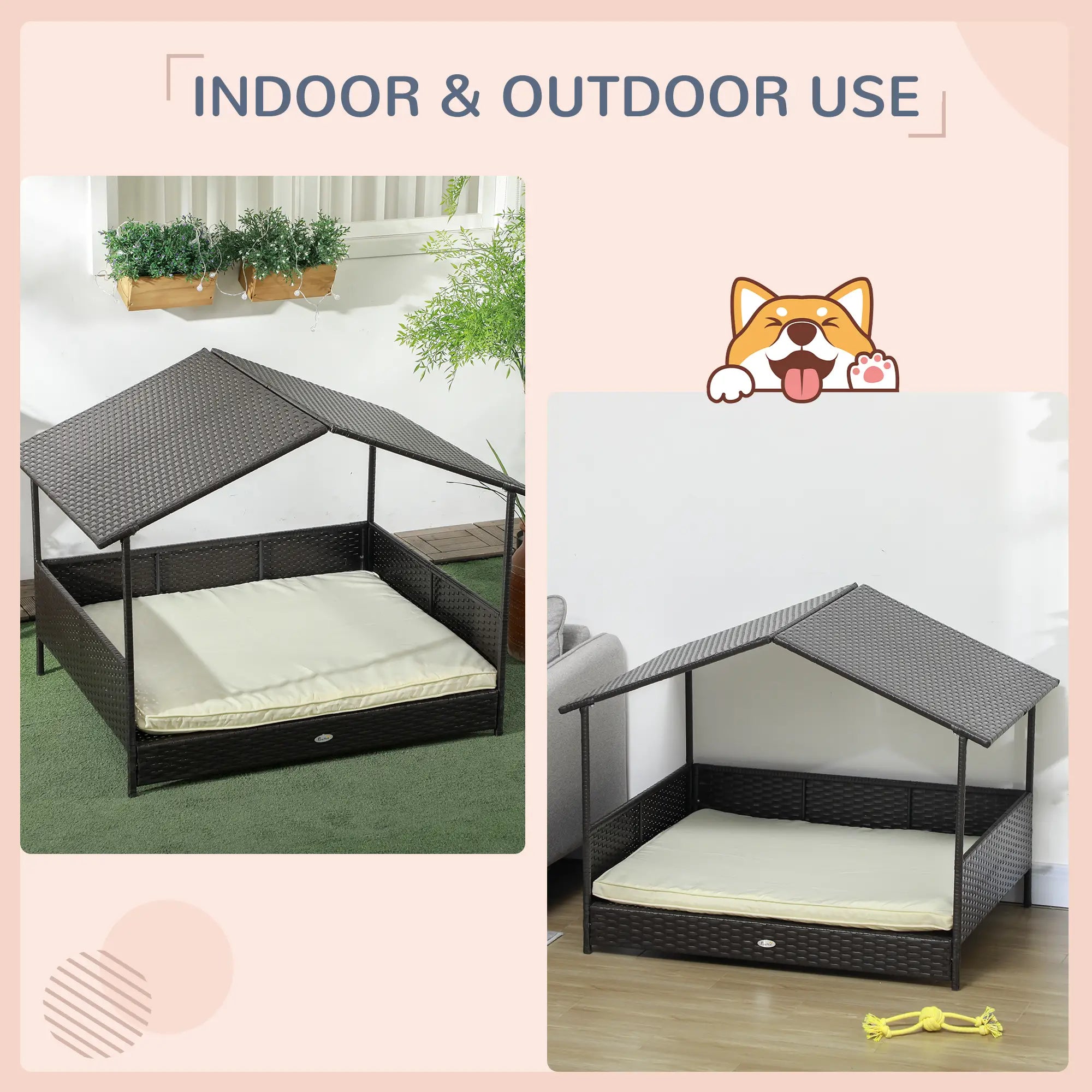 Outdoor Wicker Dog House, Soft Cushion Washable Cover, Medium Large, Cream White Houses, Kennels & Pens at Gallery Canada