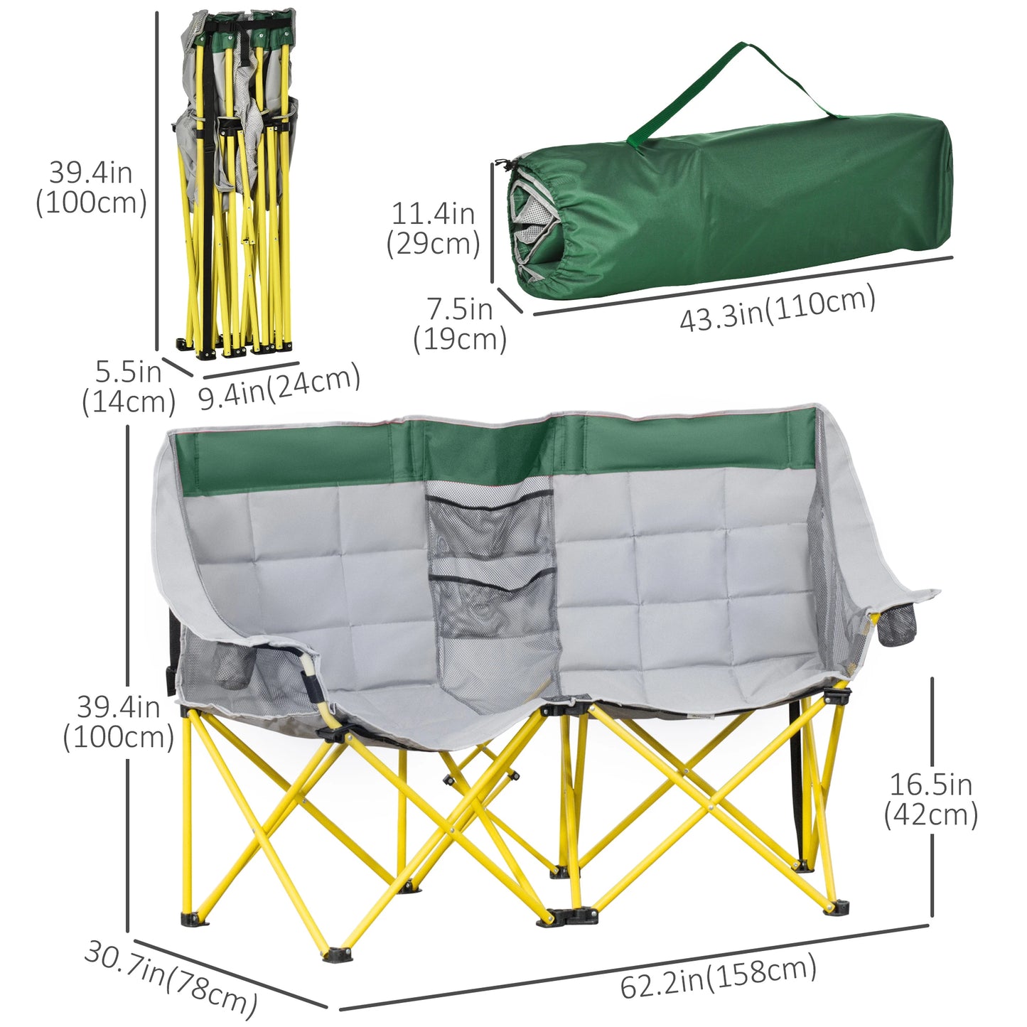 62" W Double Seat Camping Chair, Folding Lawn Loveseat, Storage Pocket, Cup Holder, Green Picnic Tables & Camping Chairs at Gallery Canada