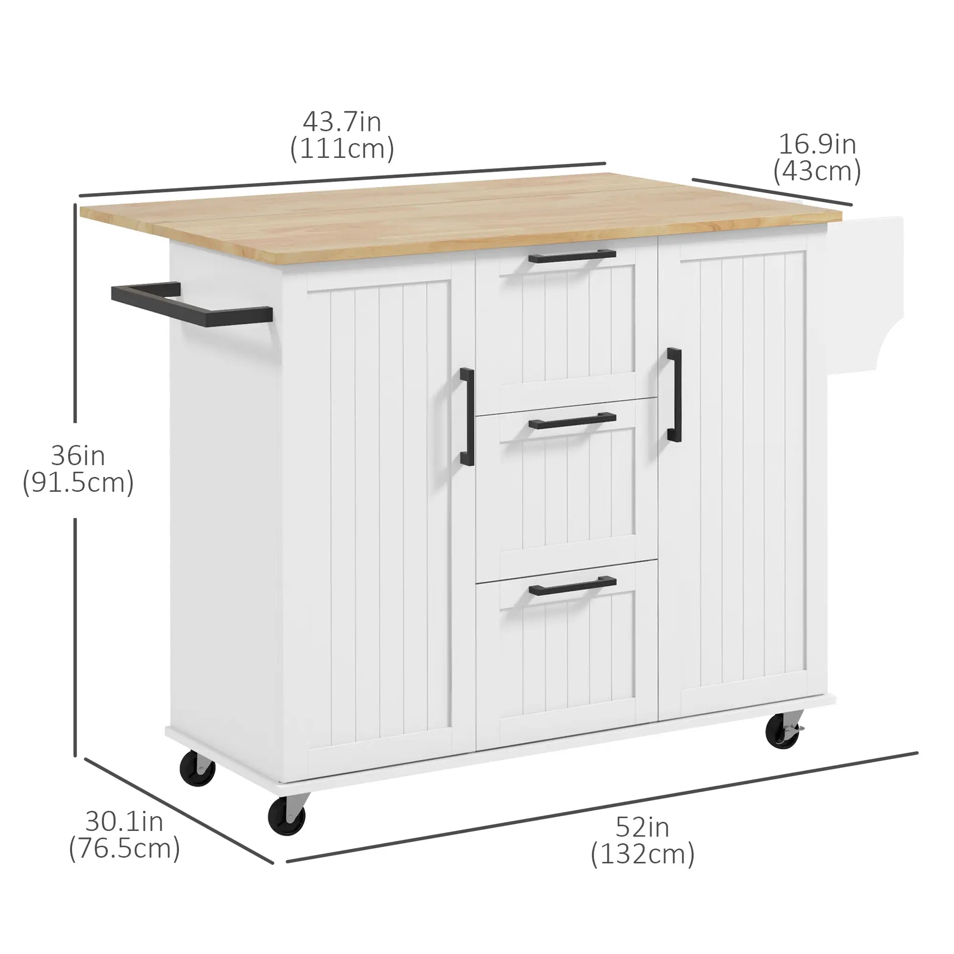 Rolling Kitchen Cart, Drop Leaf, 3 Drawers, Solid Wood Top, Towel Rack, White Kitchen Islands & Kitchen Carts at Gallery Canada