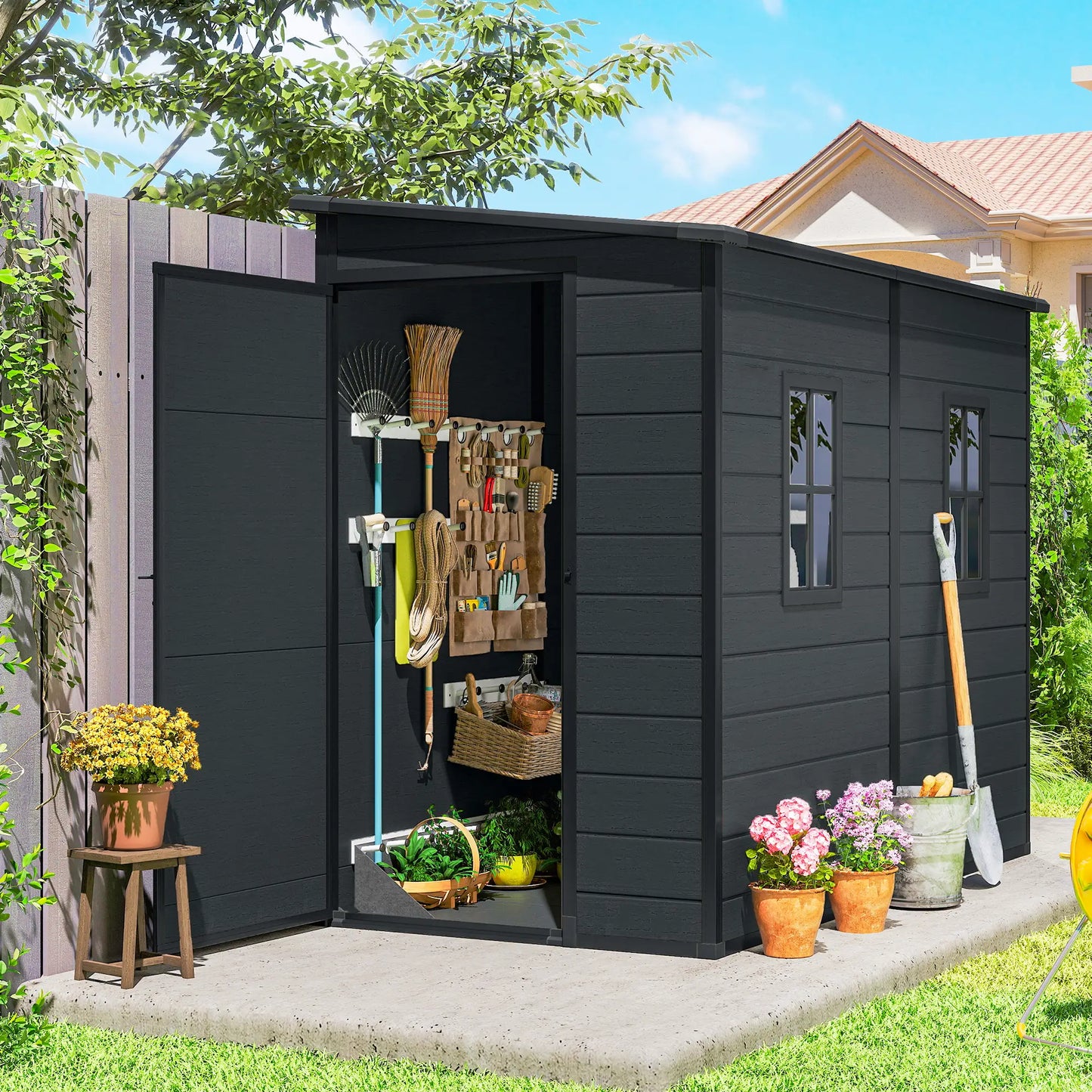 4.3' x 8' Dark Grey Outdoor Storage Shed With Floor, Lockable Doors, Dark Grey Sheds Dark Grey, Black at Gallery Canada