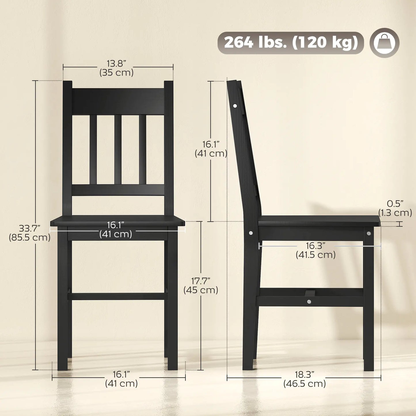 Set of 2 Kitchen Chairs with Slat Back, Black