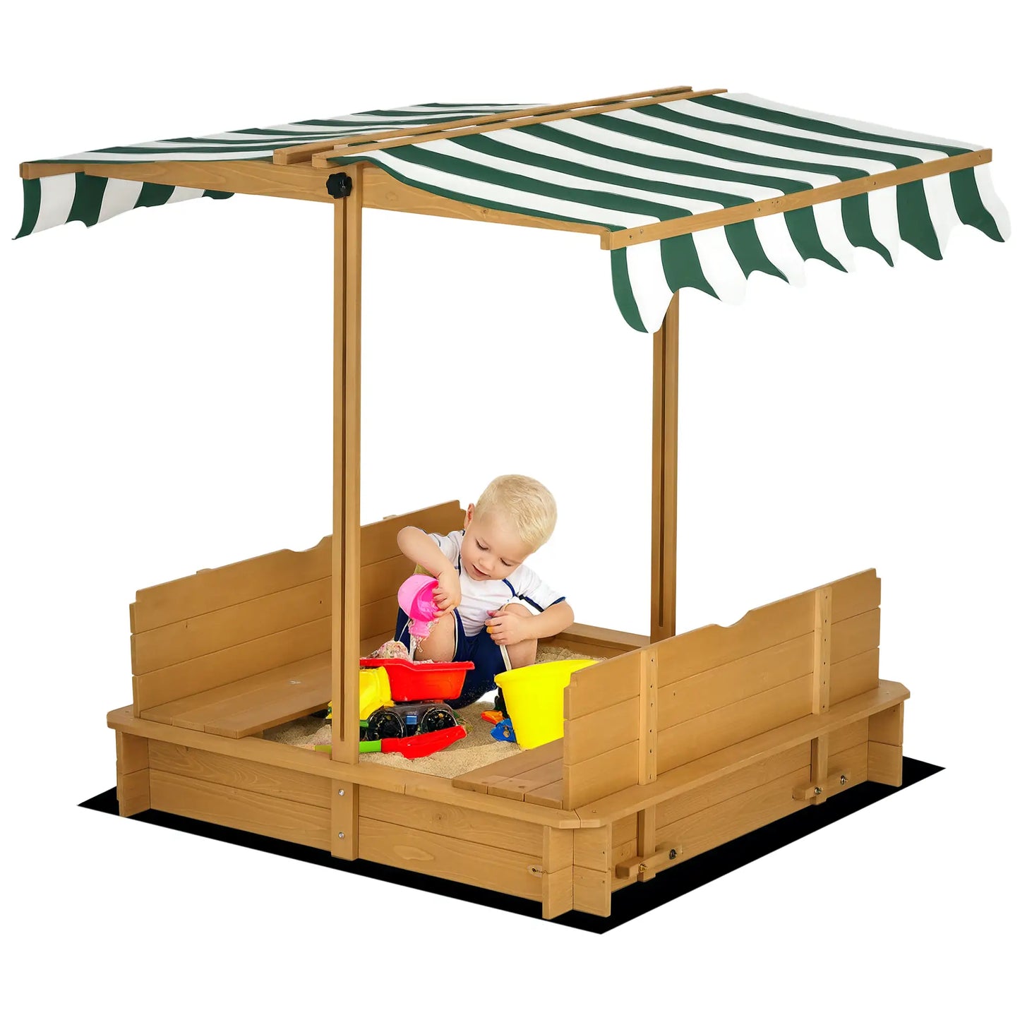 Wooden Kids Sandbox with Cover, Foldable Bench Seats, Adjustable Canopy, Light Brown Sandboxes & Accessories at Gallery Canada