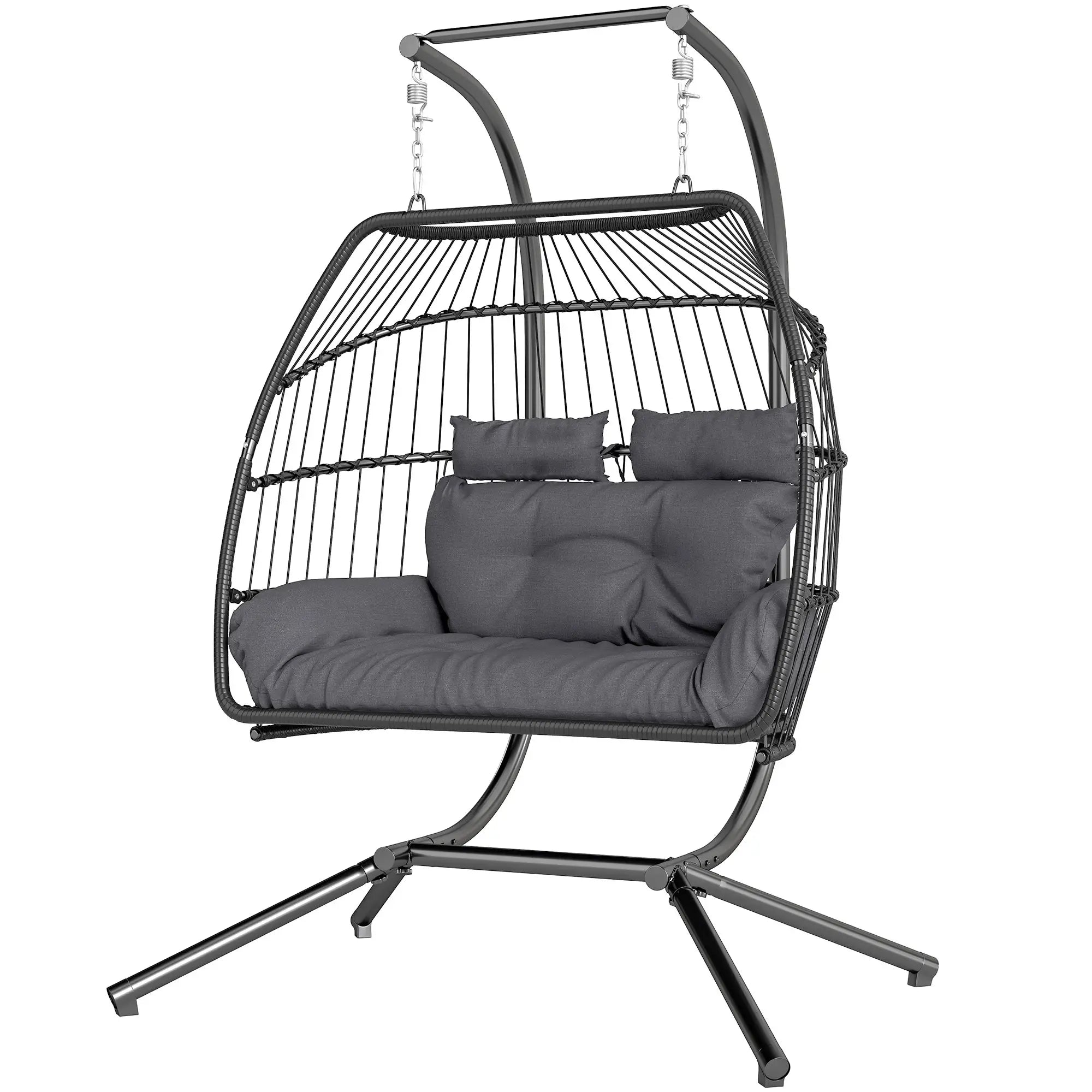 Double Wicker Egg Swing Chair, Foldable with Stand, UV Resistant Cushion, Headrest, Dark Grey Patio Swings with Stand Dark Grey at Gallery Canada
