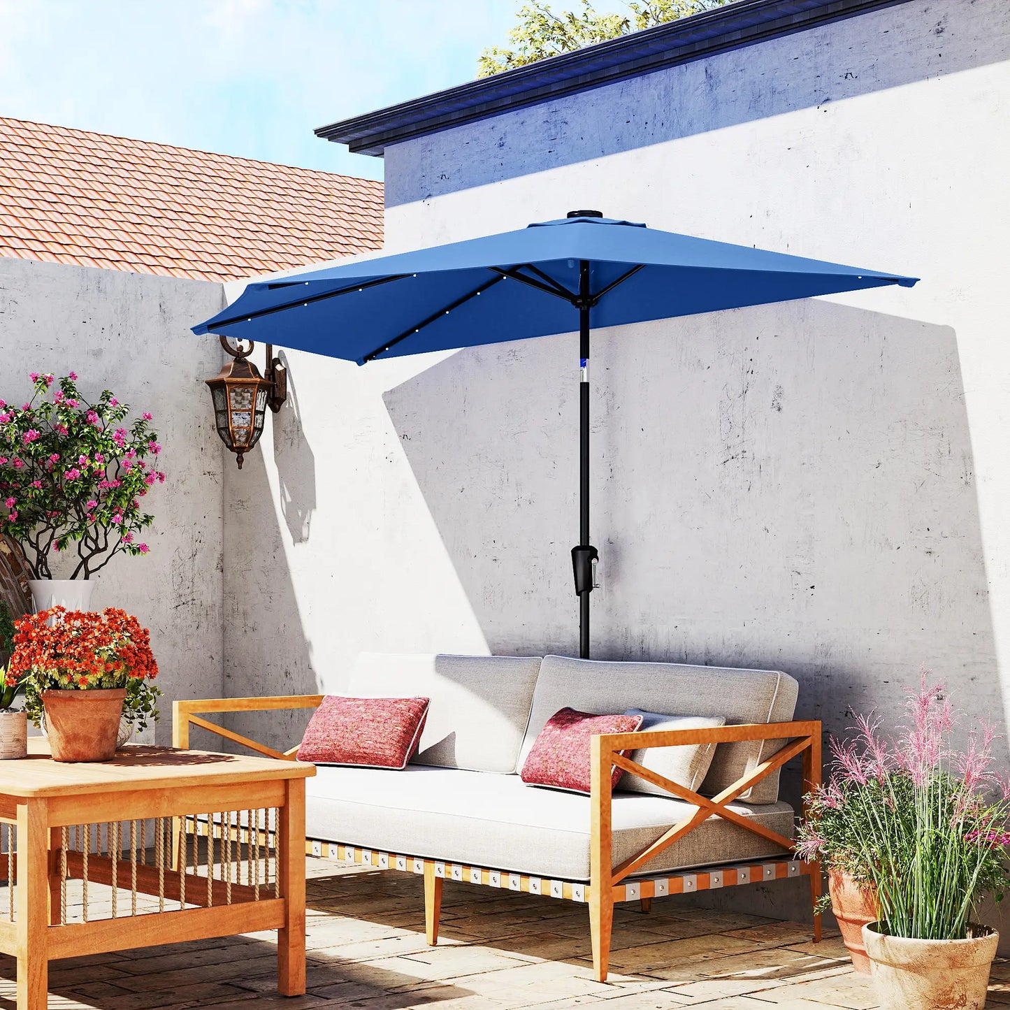 Half Patio Umbrella With Solar LED Lights, Crank, 105.1" x 53.5", Navy Blue Half Round Umbrellas at Gallery Canada