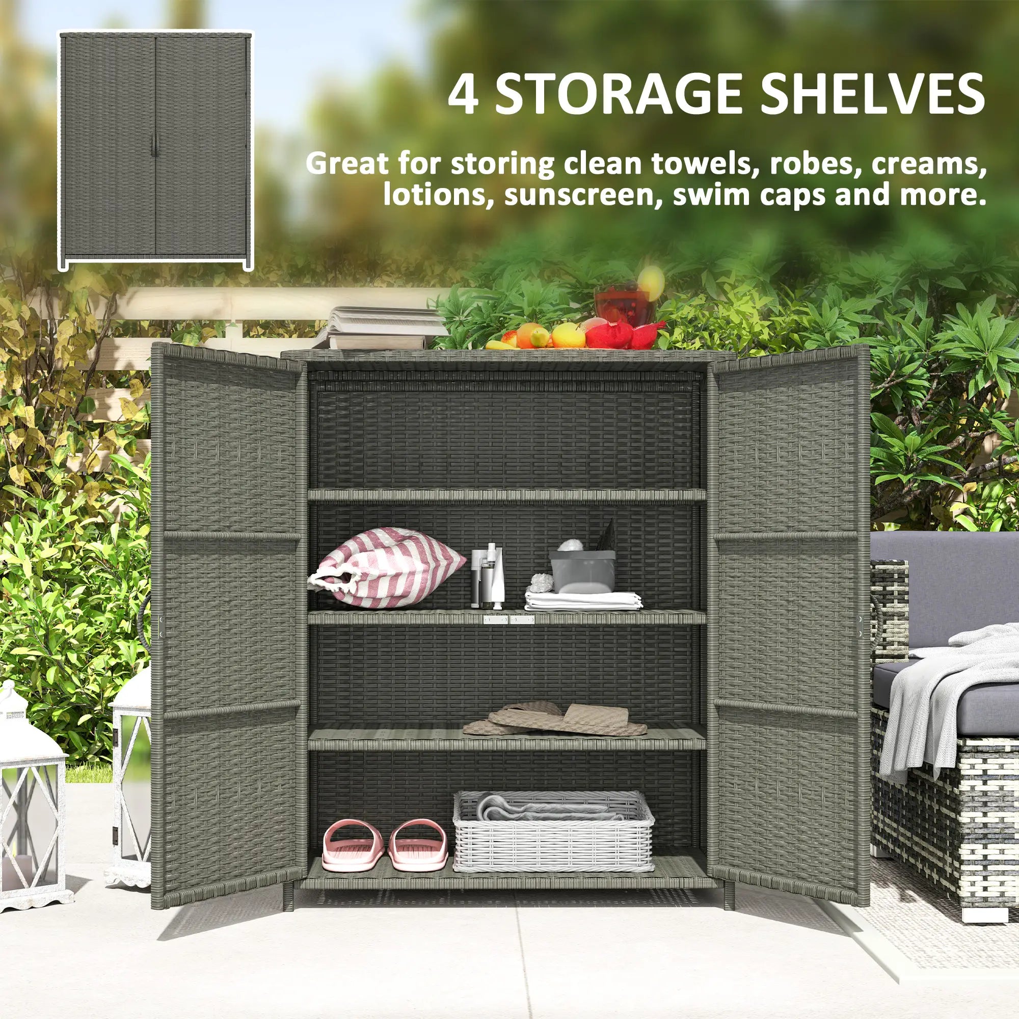Wicker Outdoor Storage Cabinet, 4 Shelves, 2 Doors, Dark Grey Patio Storage Boxes at Gallery Canada