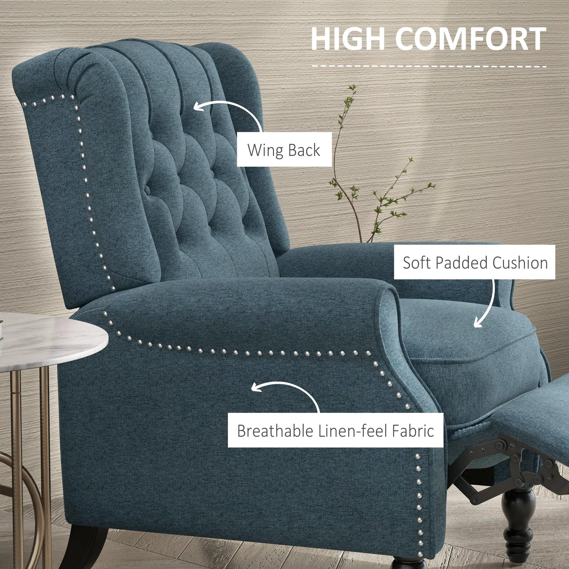 Wingback Reclining Chair with Footrest, Button Tufted, Blue Single Sofas at Gallery Canada