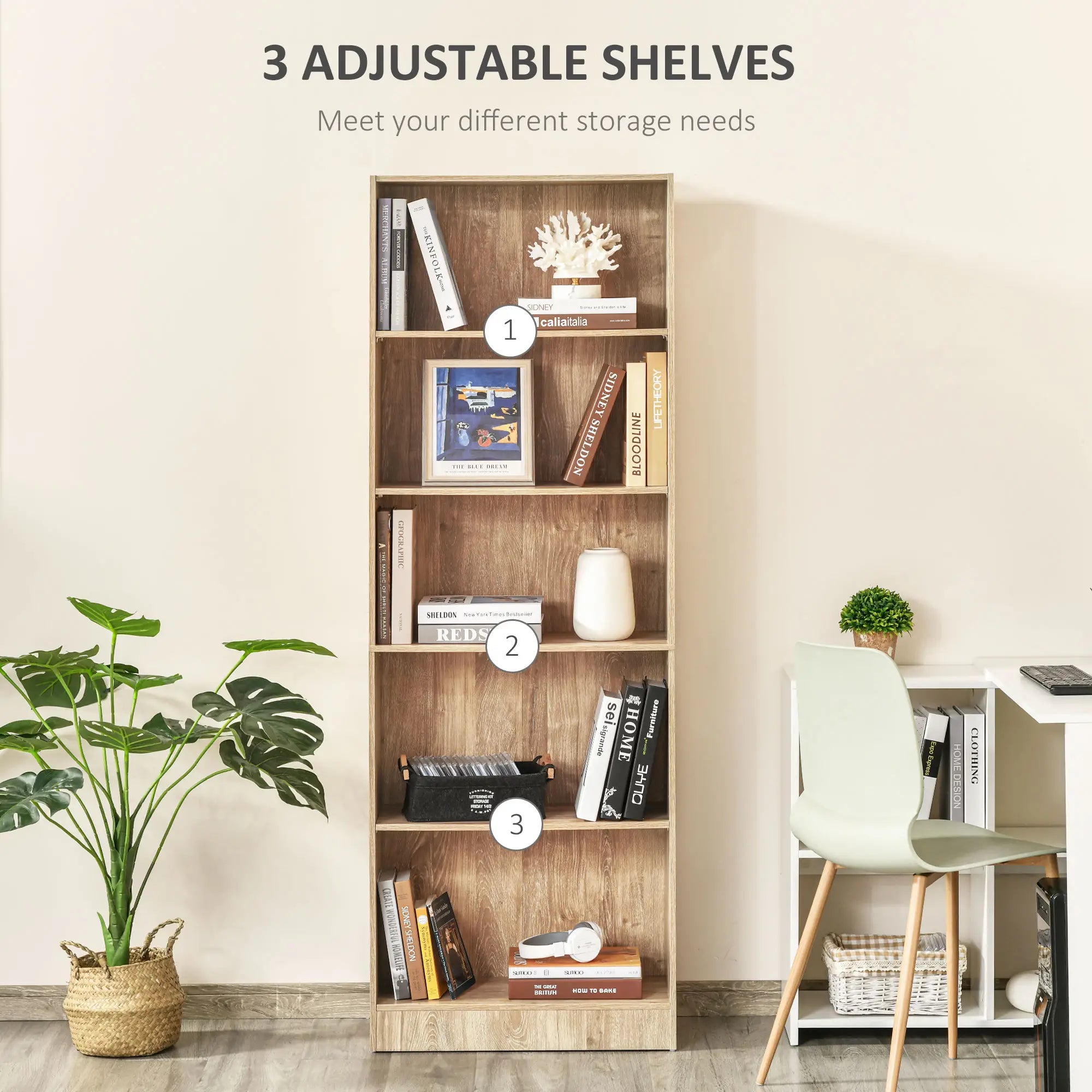 5-Tier Bookcase, Adjustable Shelves, Living Room, Home Office, Nature Wood Display Bookshelves at Gallery Canada