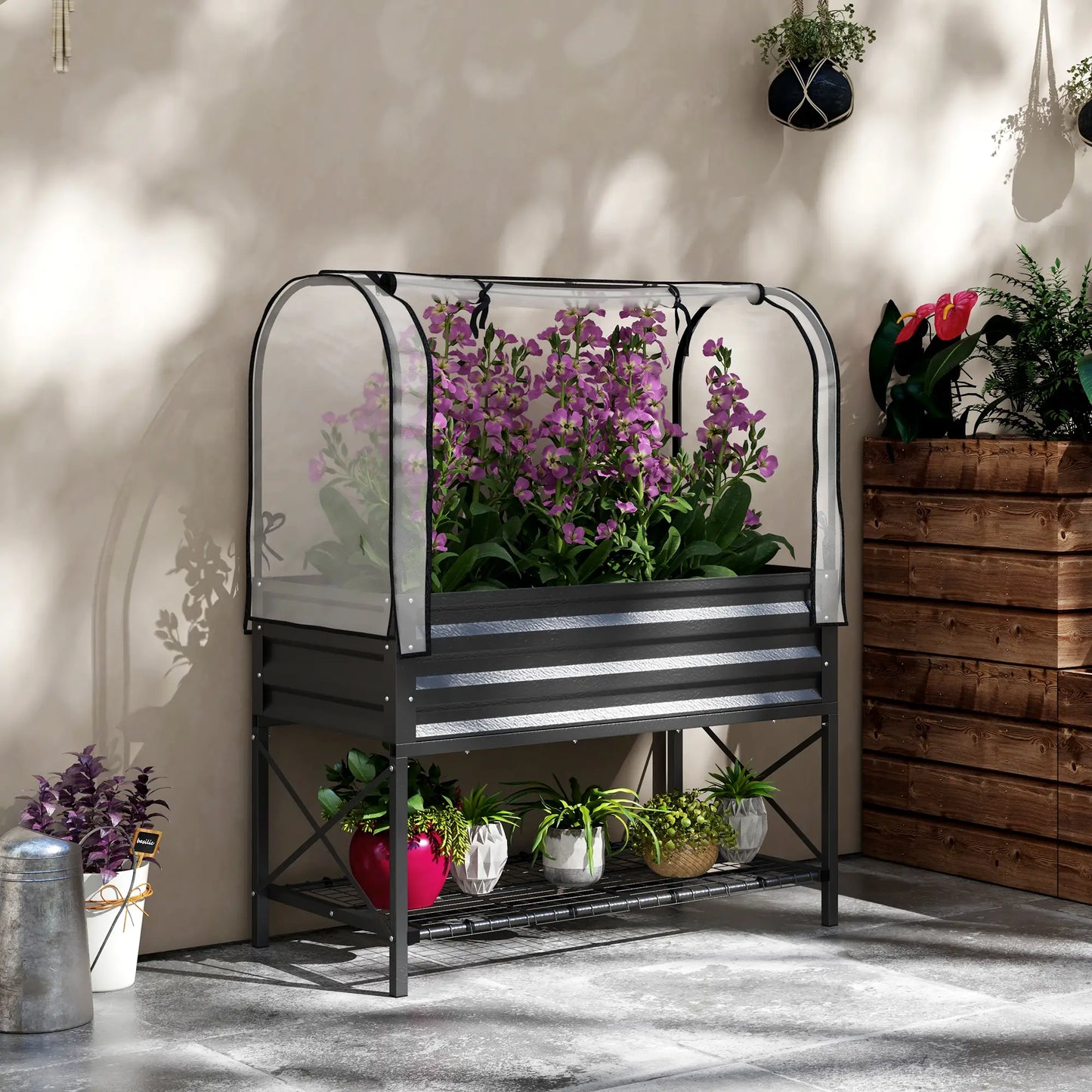 Metal Raised Garden Bed With Cover, With Bottom Shelf And Liner, Black