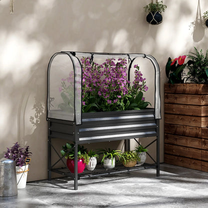 Metal Raised Garden Bed With Cover, With Bottom Shelf And Liner, Black