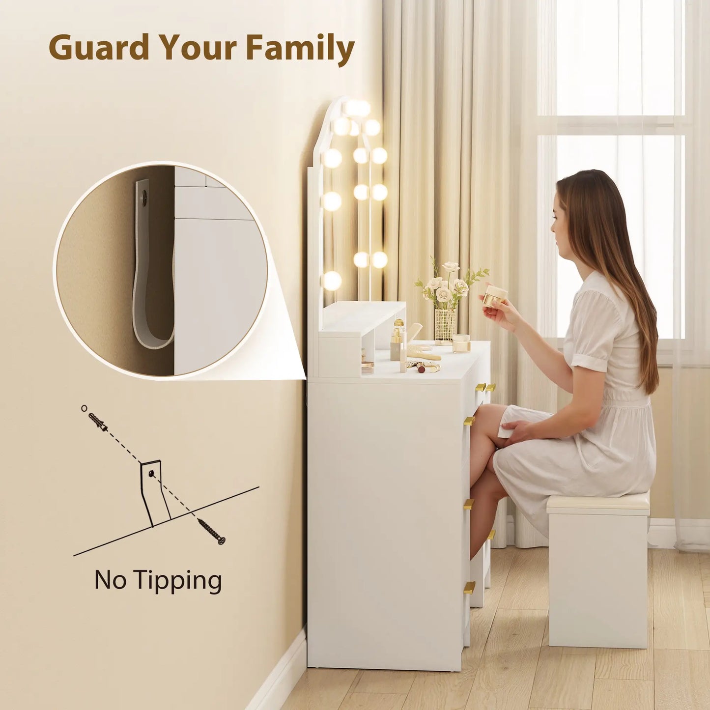 Makeup Vanity with Mirror, 10 LED Lights, 3 Color Adjustable, 7 Drawers, White Dressing & Vanity Tables at Gallery Canada