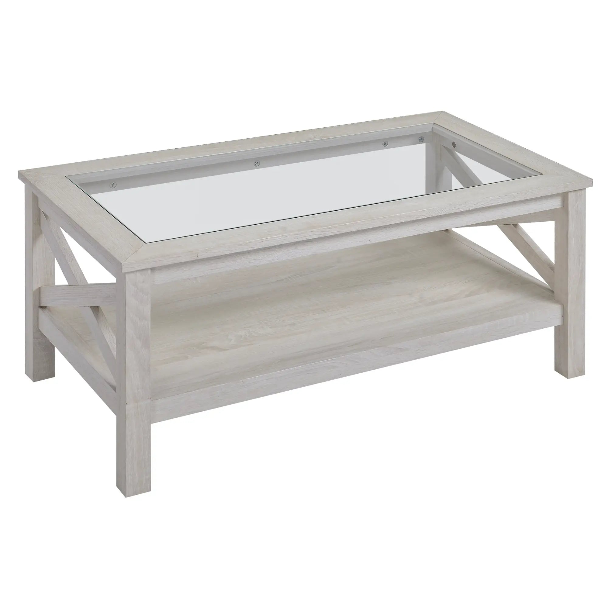 Farmhouse Coffee Table, Tempered Glass Top, 2-Tier with Storage Shelf Coffee Tables at Gallery Canada