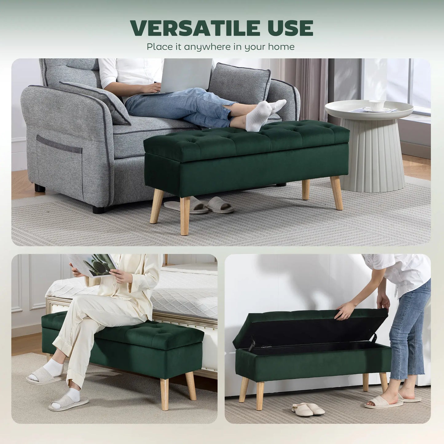 Velvet Storage Ottoman with Lid, Wood Legs, Dark Green Storage Ottomans & Benches at Gallery Canada