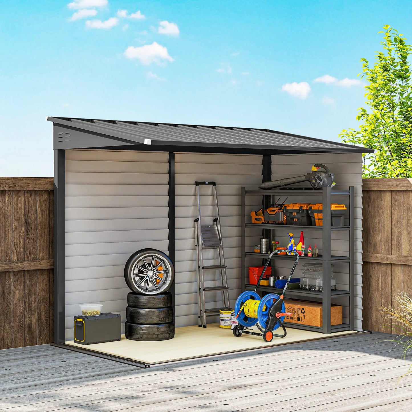 4.6' X 9' Steel Outdoor Storage Shed, Lean To Shed, Metal Tool House, Dark Grey