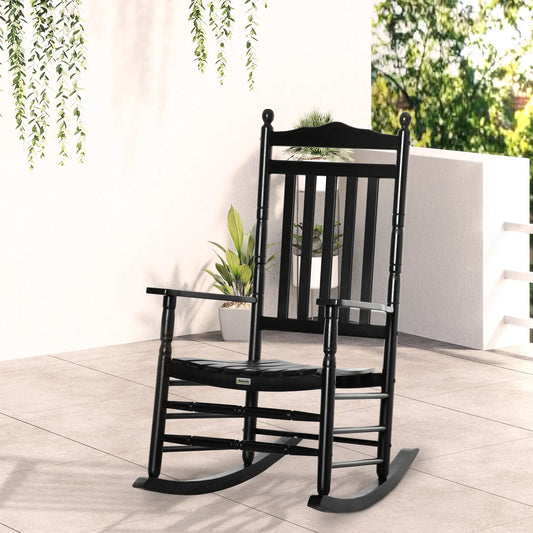 Wooden Outdoor Rocking Chair, Slatted High Back, Armrests, Black Outdoor Rocking Chairs Black at Gallery Canada