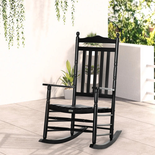 Wooden Outdoor Rocking Chair, Slatted High Back, Armrests, Black