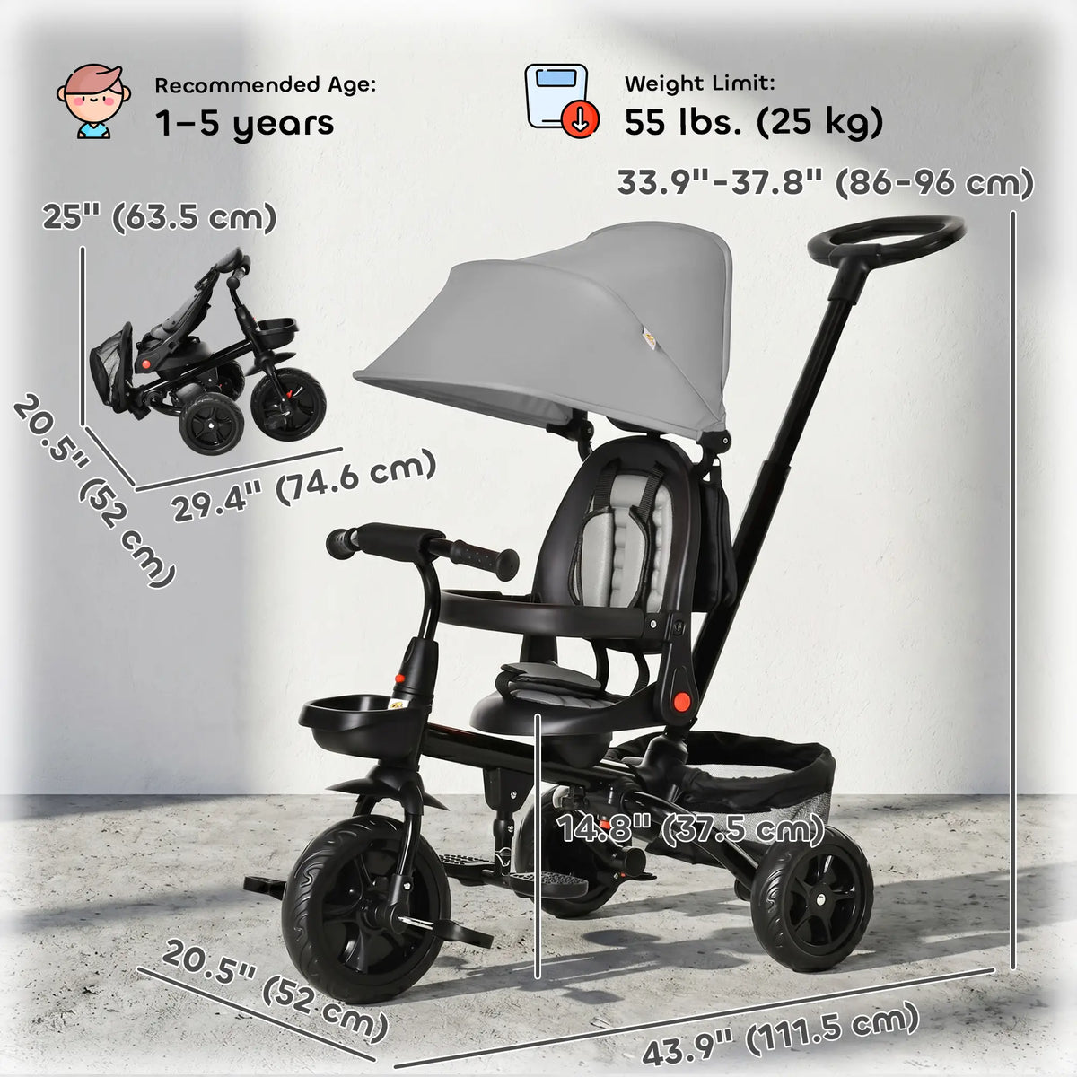 Toddler Tricycle, 4 in 1 Kids Trike, Adjustable Seat, Removable Handle, Grey Tricycles for Kids at Gallery Canada