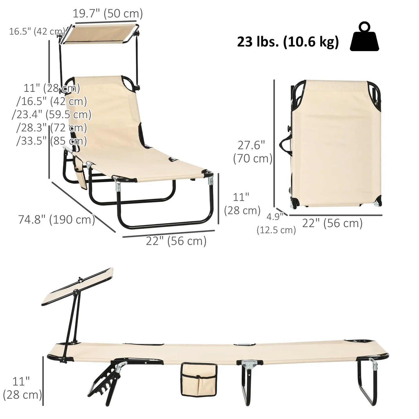 2 Piece Folding Chaise Lounges, Reclining Back, Sunshade, Pool, Beach, Patio Lounger Chairs at Gallery Canada