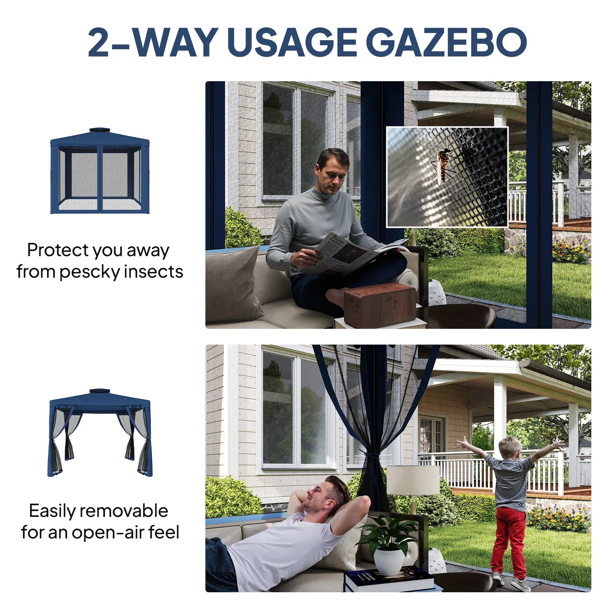 9.6' x 9.6' Patio Gazebo, Steel Frame, Mosquito Netting, Dark Blue Gazebos at Gallery Canada
