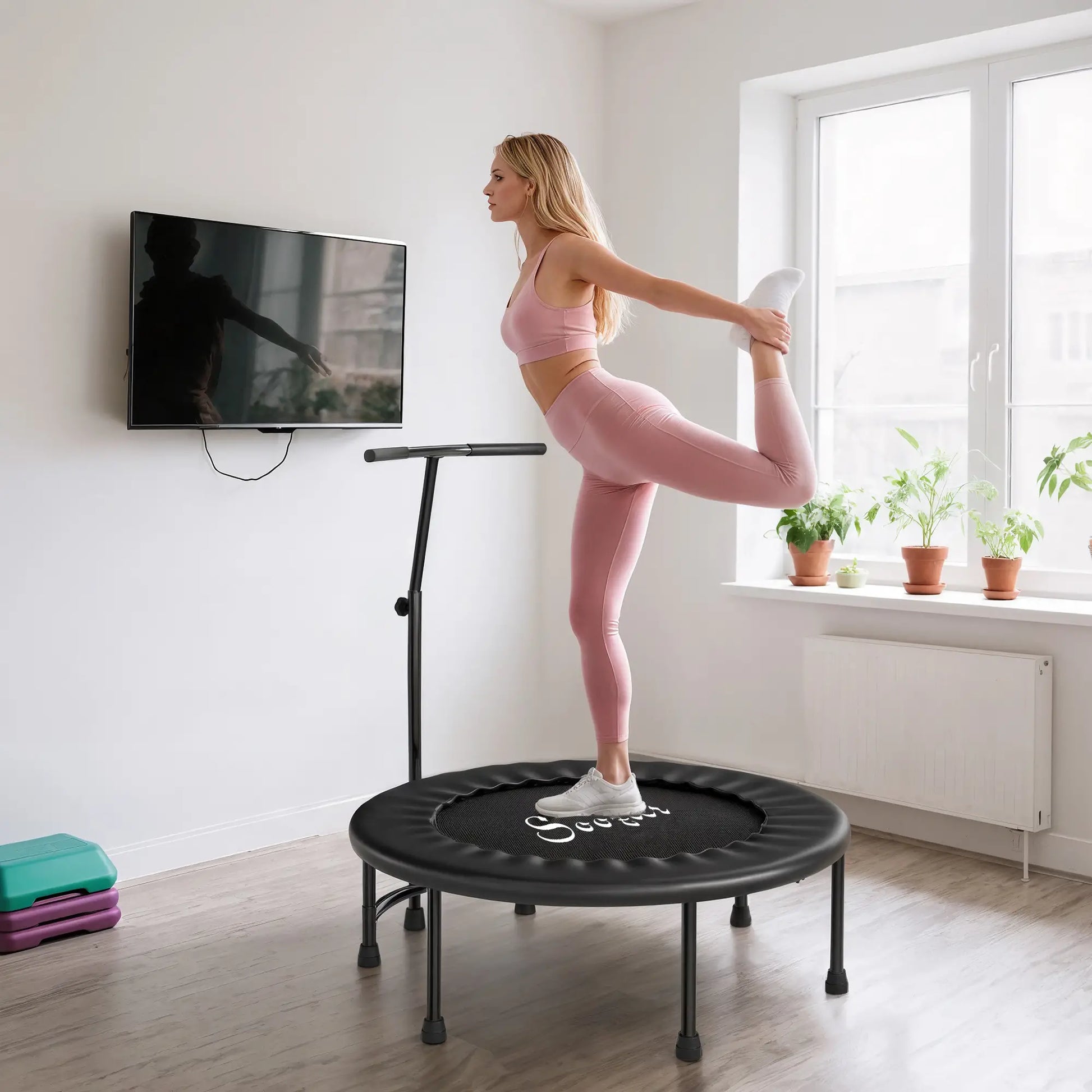 39" Mini Exercise Trampoline, Adjustable T-Bar, Indoor Fitness Rebounder, Black Trampolines at Gallery Canada