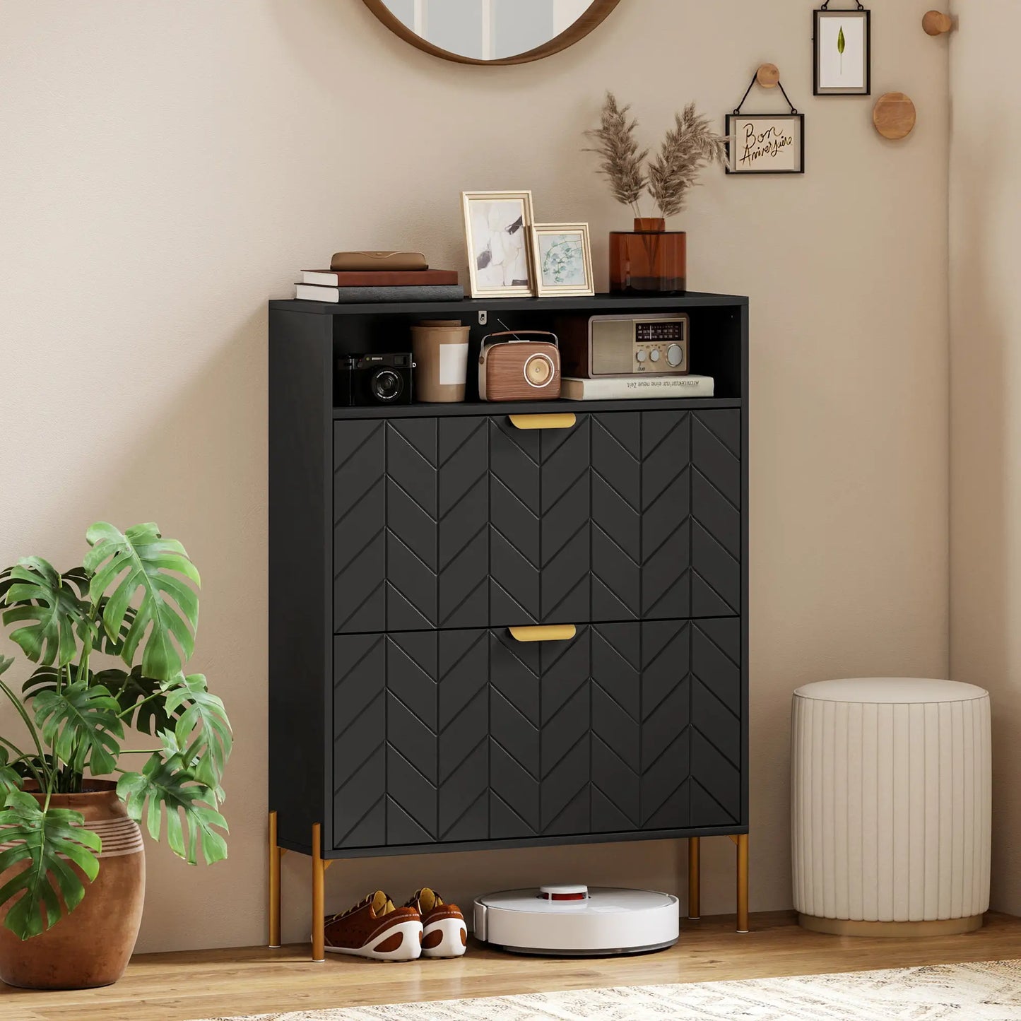 Narrow Shoe Cabinet, 2 Flip Drawers, Adjustable Shelves, Open Compartment, Black Shoe Storage Cabinets & Racks at Gallery Canada