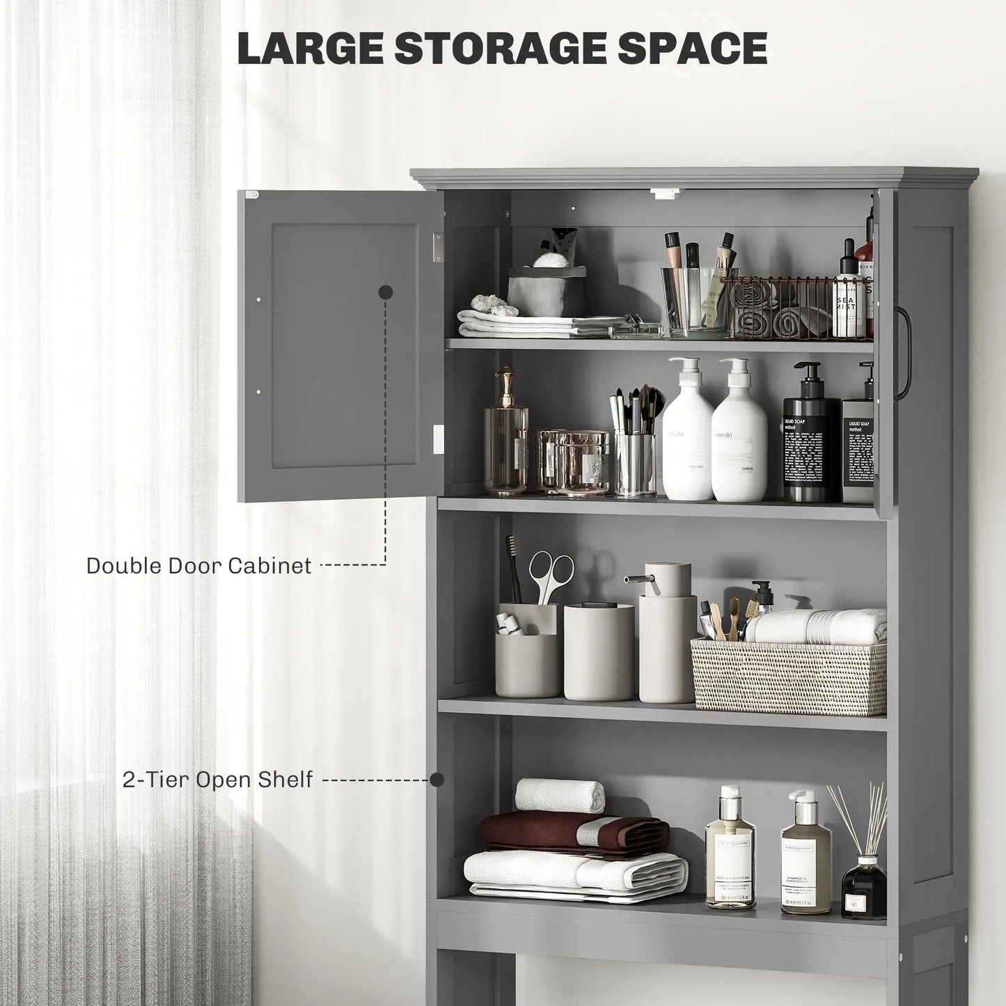 Modern Over Toilet Storage, Bathroom Cabinet with Shelves, Double Door, Grey Bathroom Cabinets at Gallery Canada