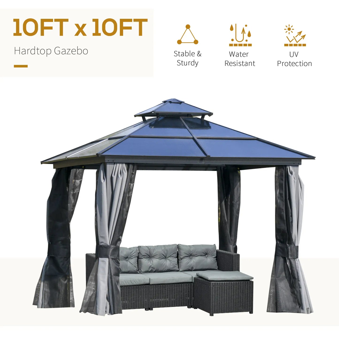 10'x10' Aluminum Hardtop Gazebo, Double Tier Roof, Black & Grey Gazebos at Gallery Canada