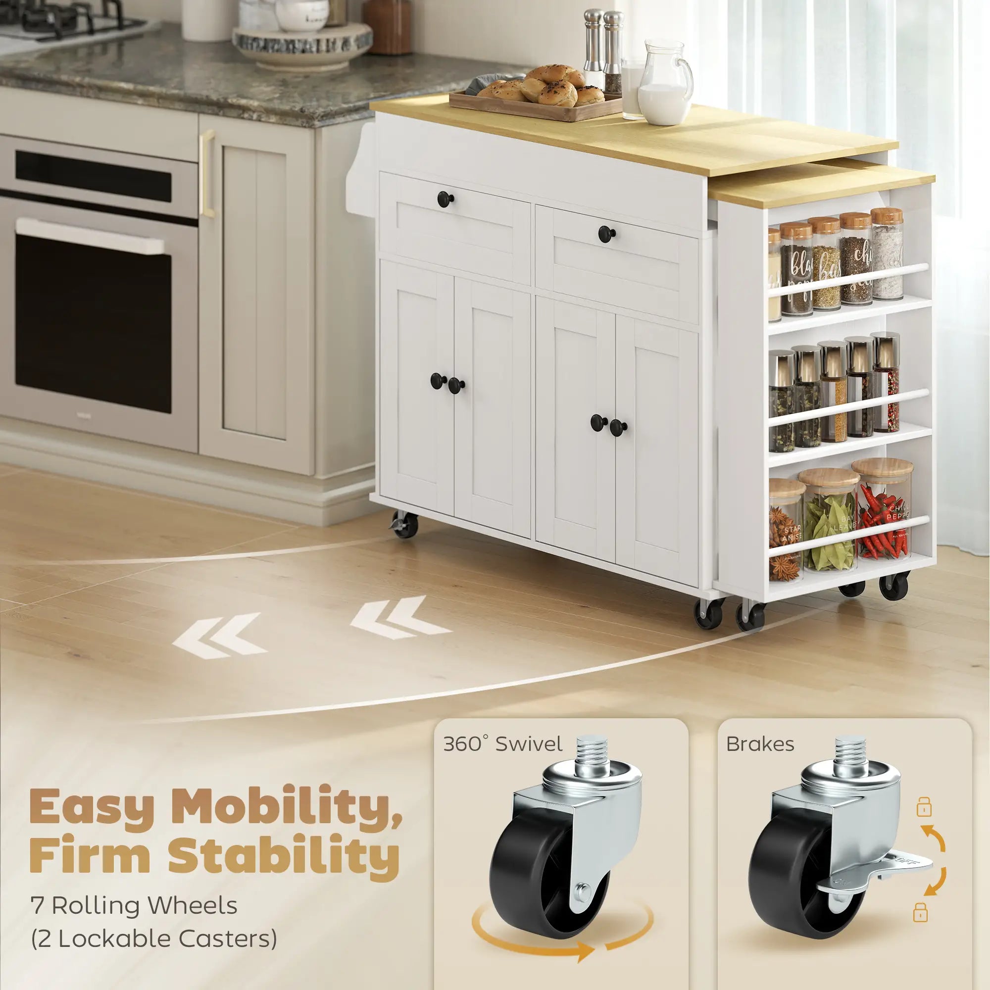 Kitchen Island With Sliding Expandable Top, Rolling Cart, White Kitchen Islands & Kitchen Carts at Gallery Canada