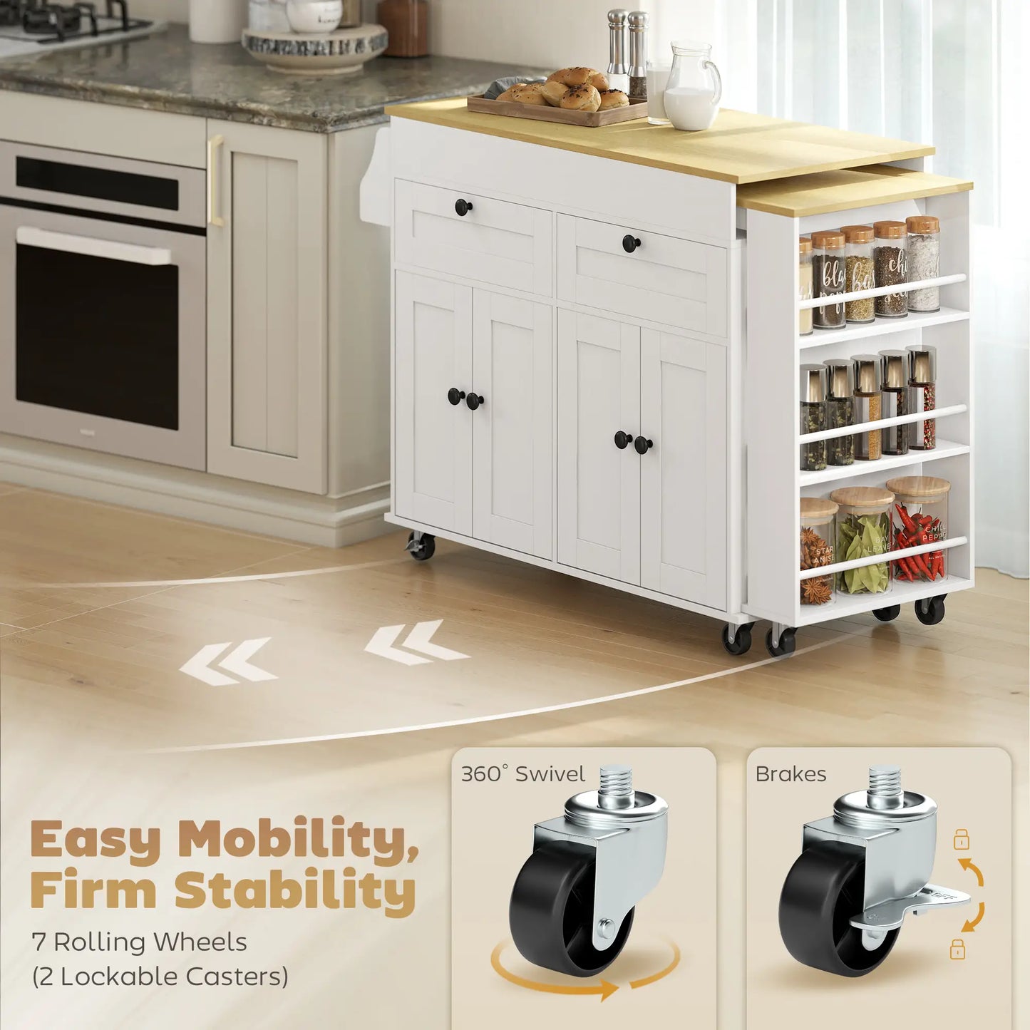 Kitchen Island With Sliding Expandable Top, Rolling Cart, White Kitchen Islands & Kitchen Carts at Gallery Canada
