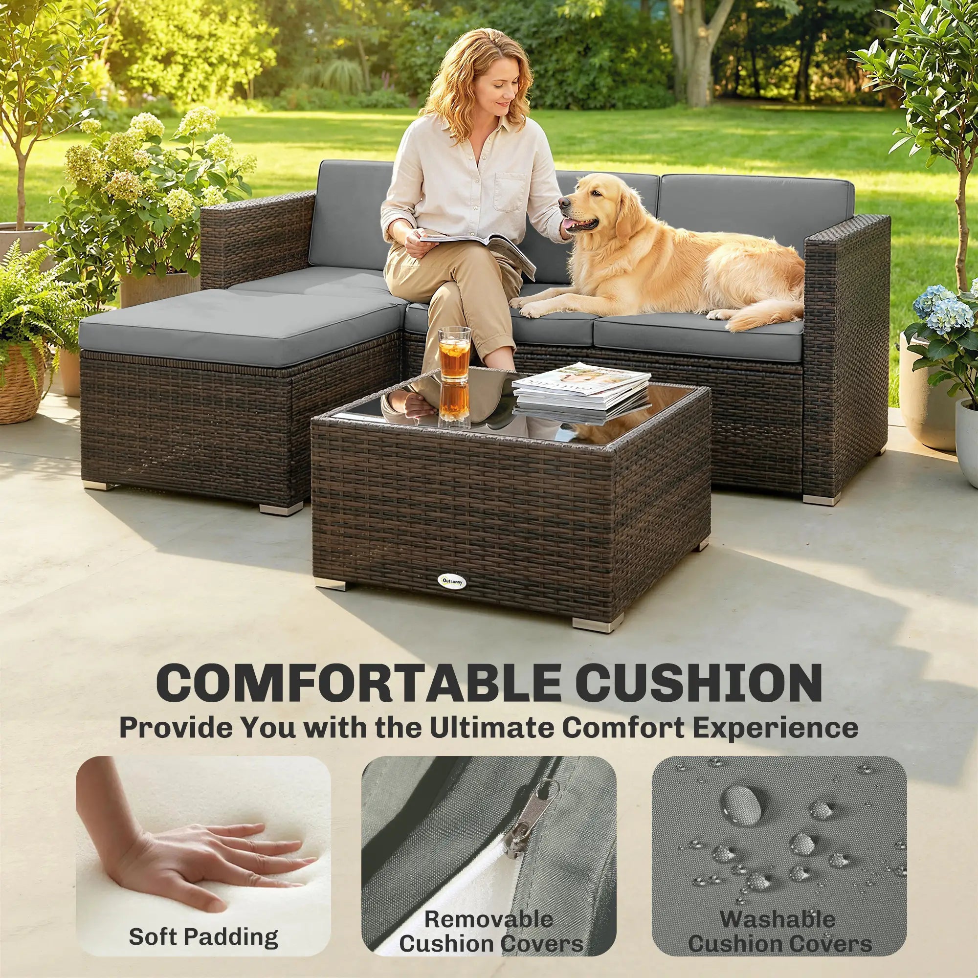 3-Piece Patio Furniture Set With Cushions, Outdoor Rattan Sofa With Glass Table Patio Furniture Sets at Gallery Canada